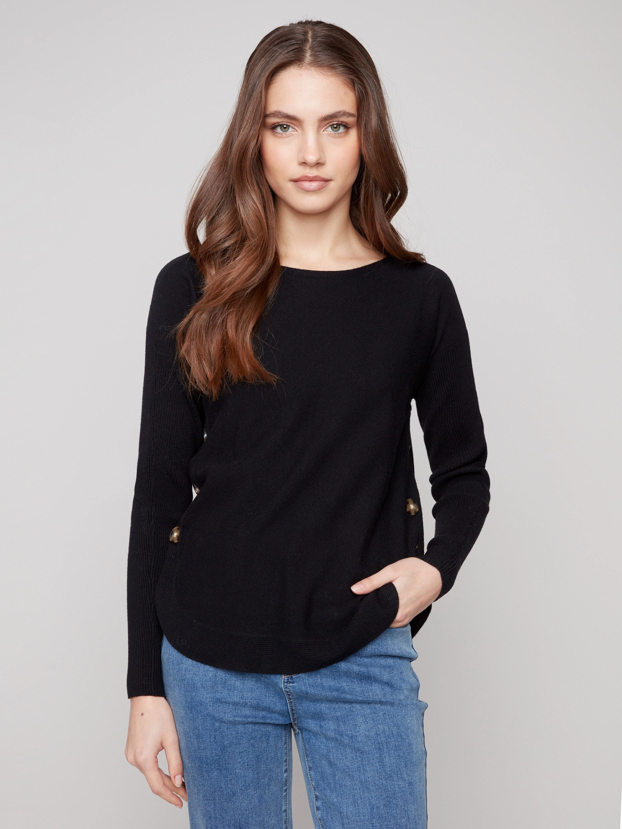 medium - quality Travel - wear Boat Neck Sweater With Side Buttons - Black
