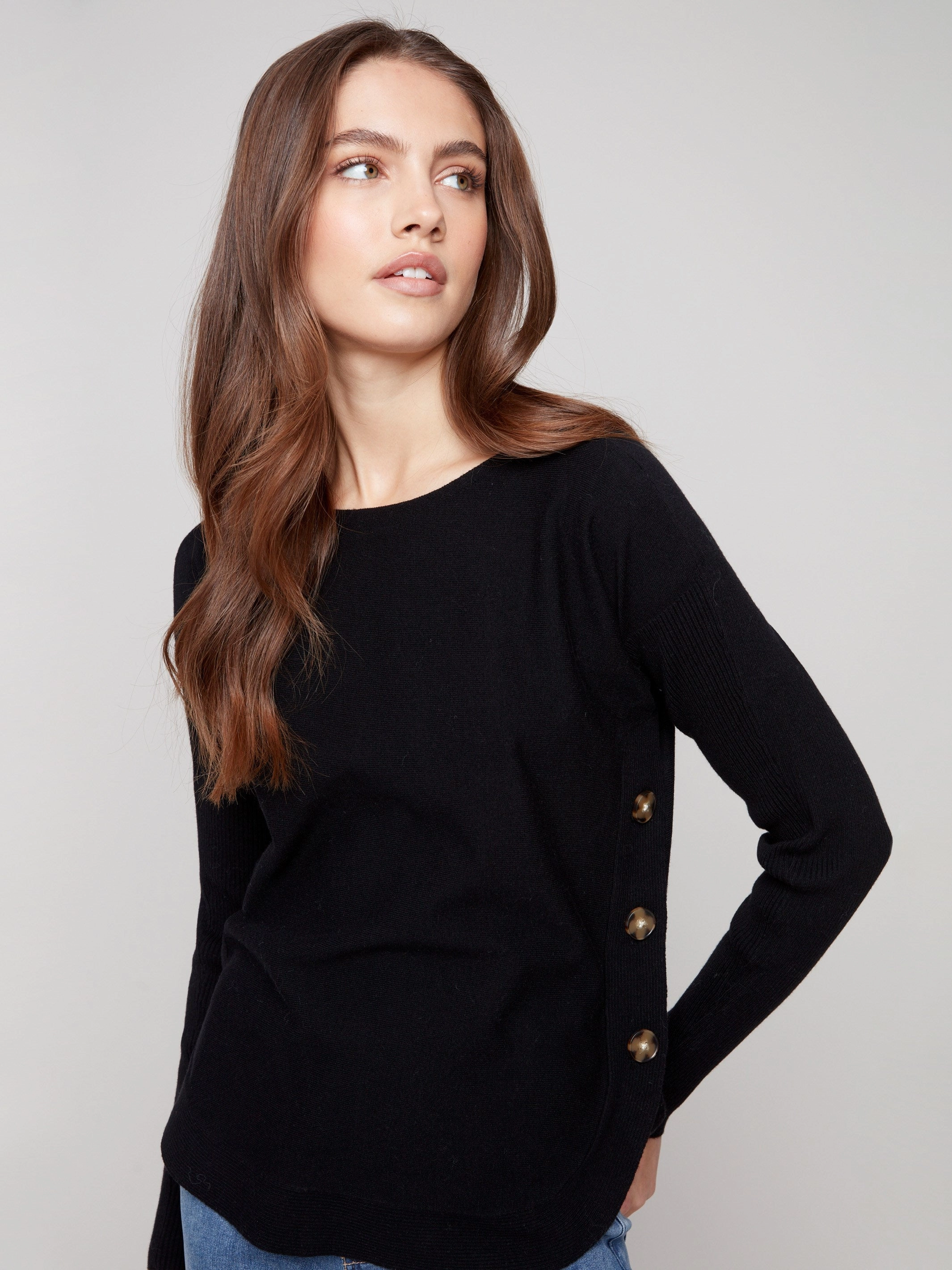 Techie Boat Neck Sweater With Side Buttons - Black