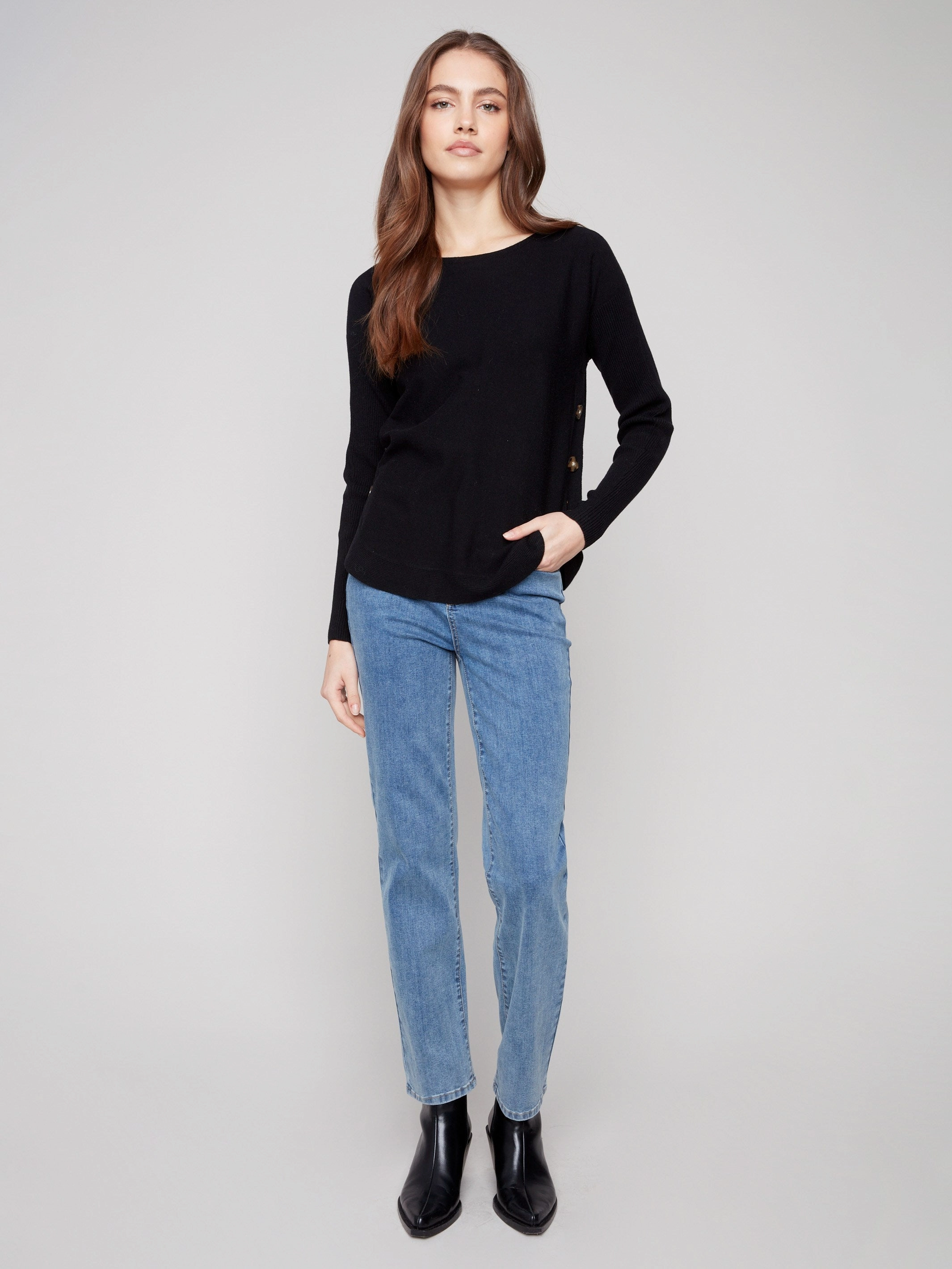 Elbow length cuff Elegant Boat Neck Sweater With Side Buttons - Black