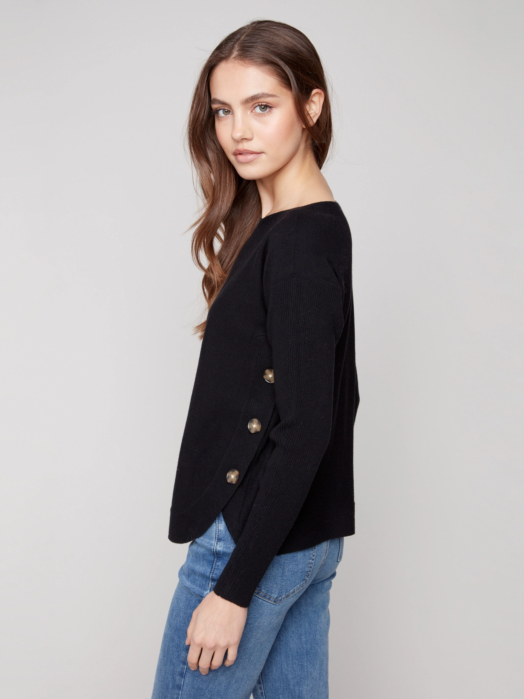 Figurine color - fast Boat Neck Sweater With Side Buttons - Black