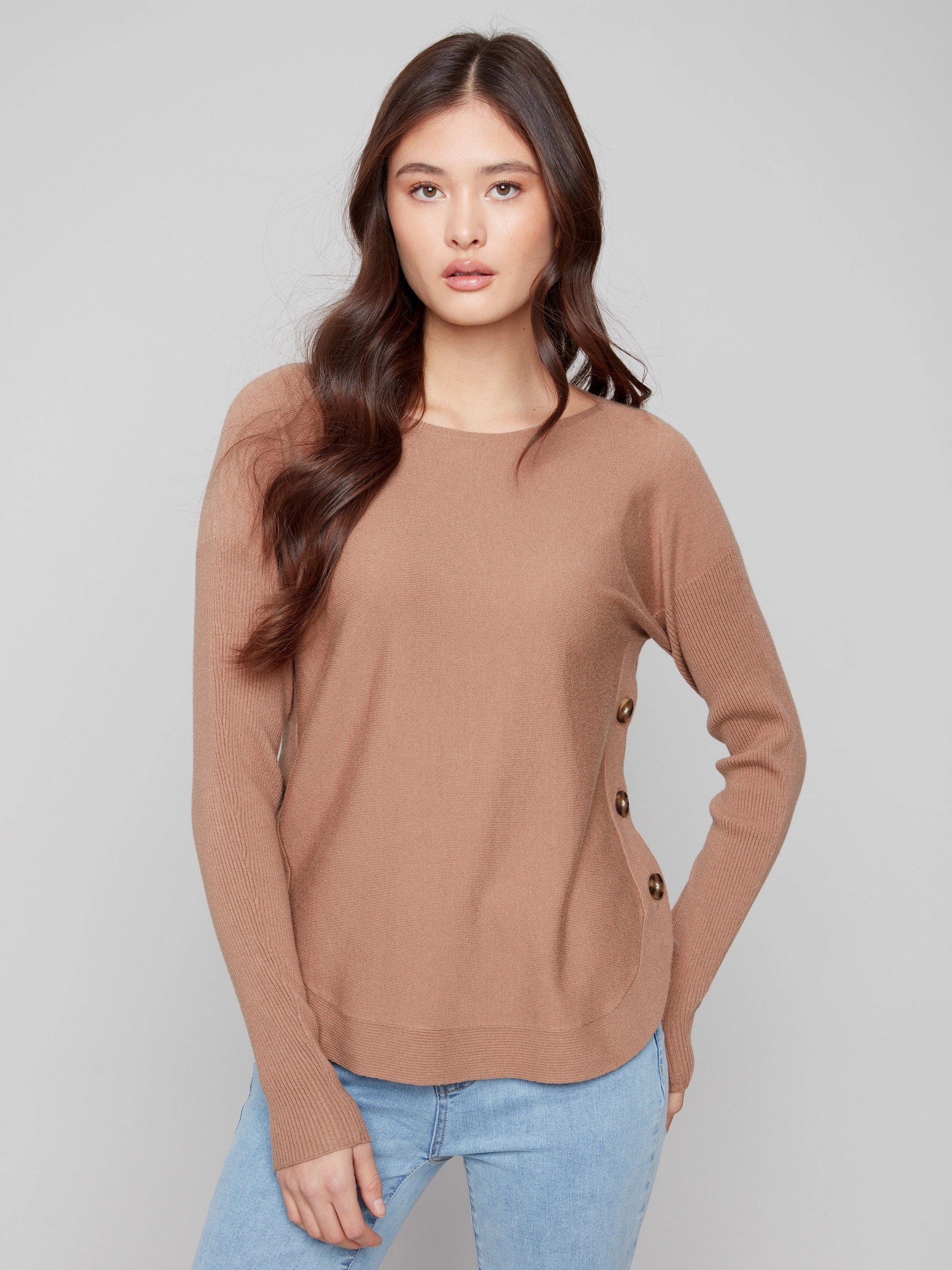 Boat Neck Sweater With Side Buttons - Truffle Fire resistant