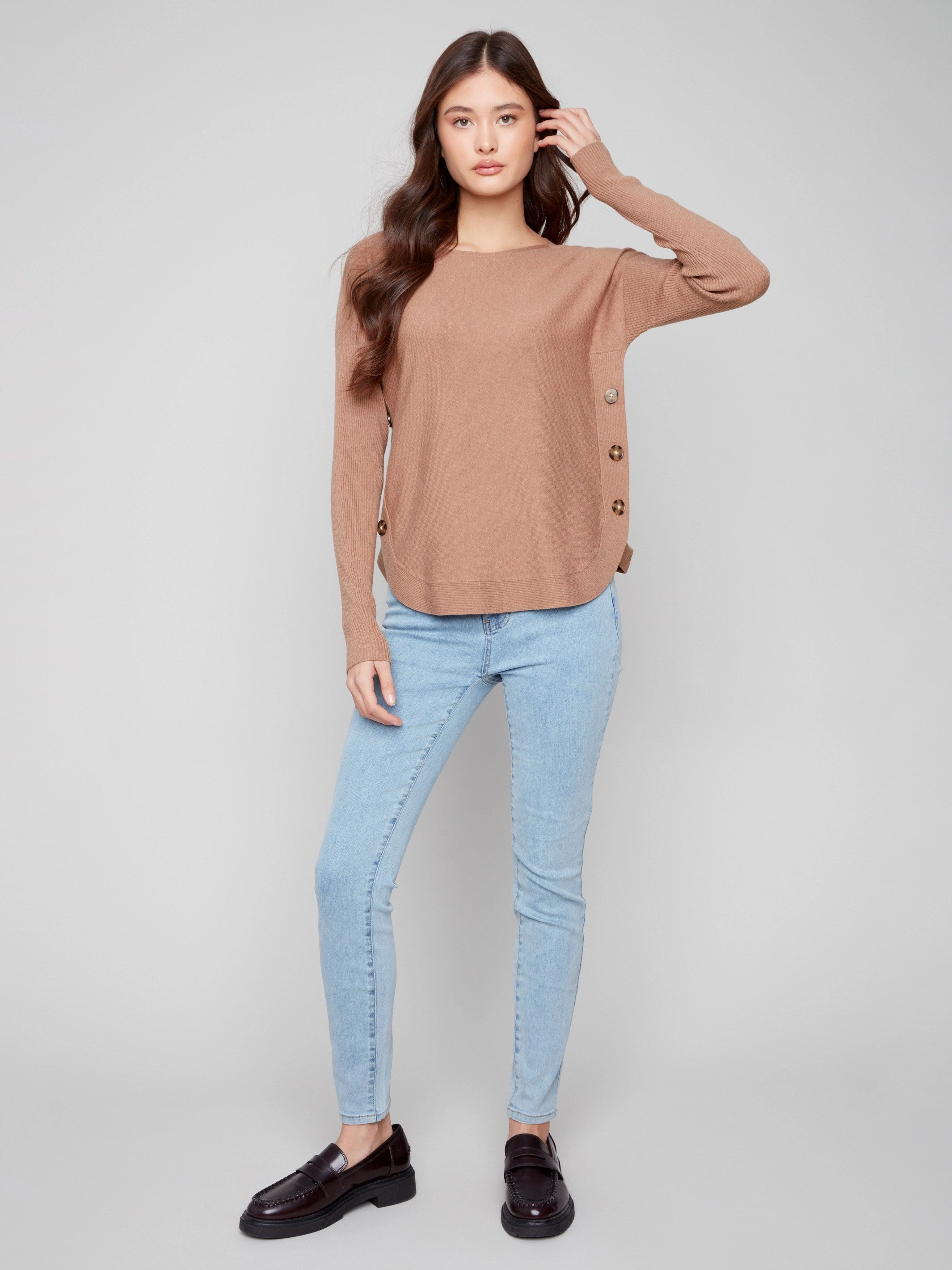 Style - conscious Boat Neck Sweater With Side Buttons - Truffle