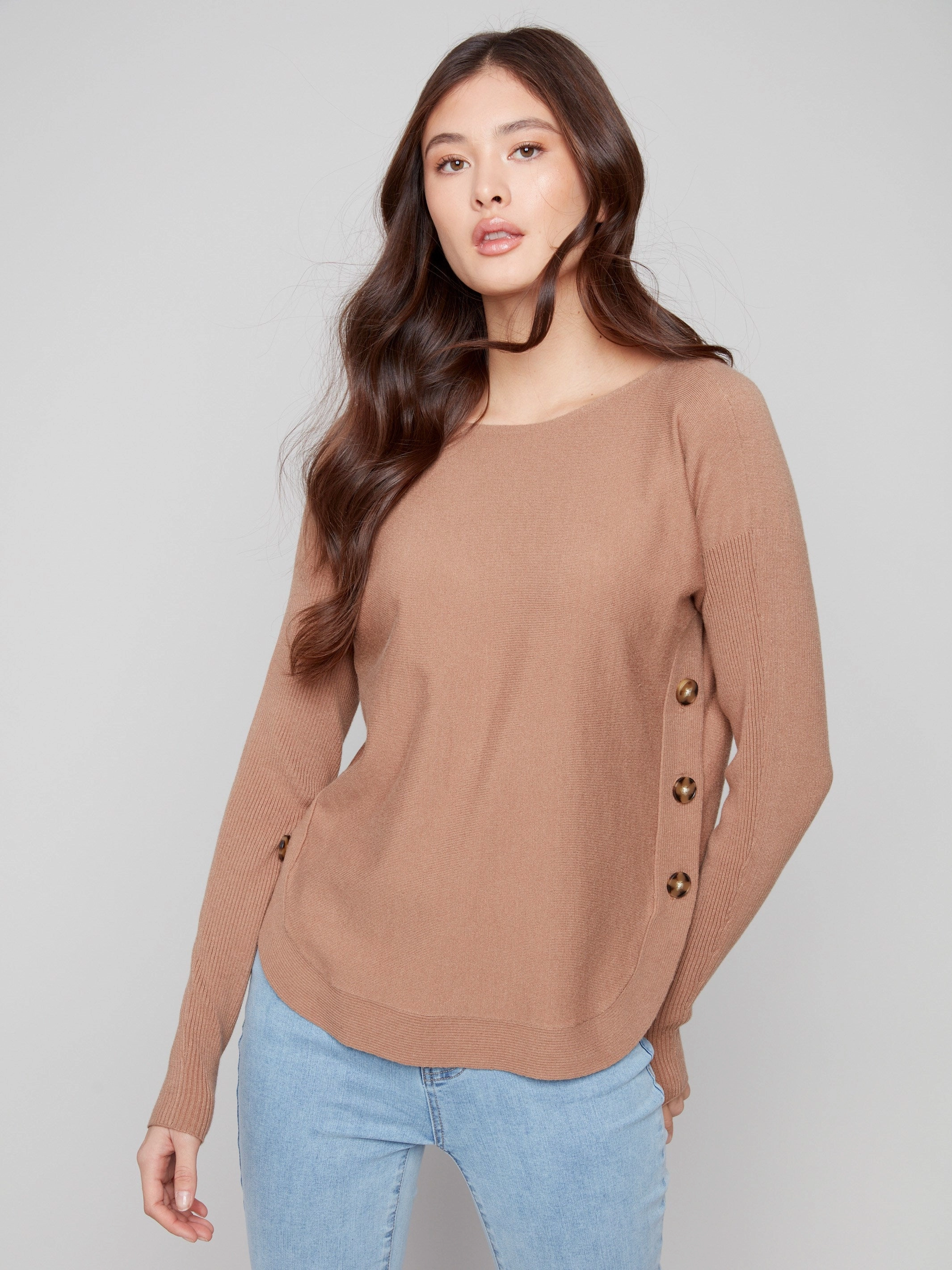 Boat Neck Sweater With Side Buttons - Truffle No pockets Outdoor Lover