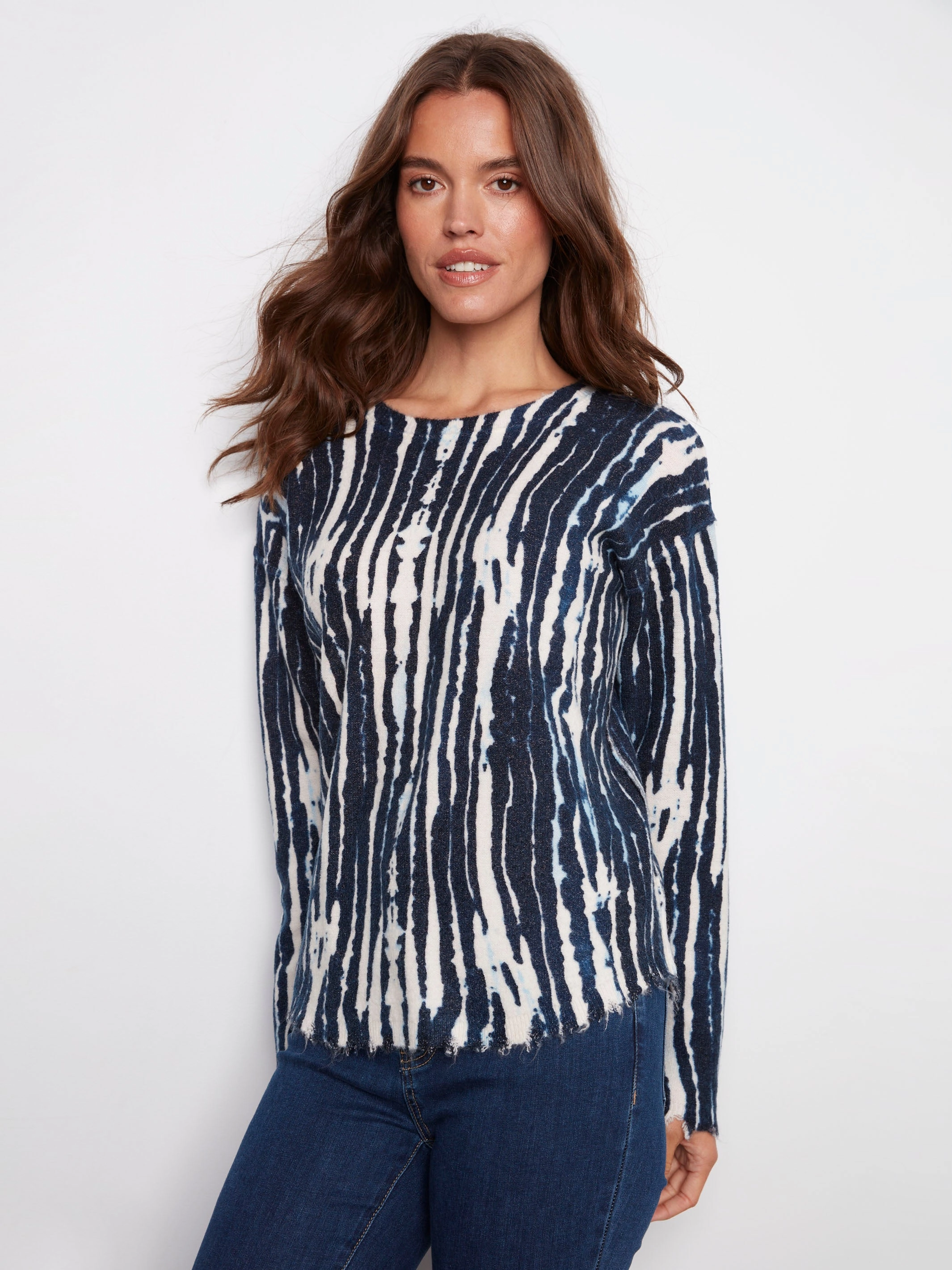 Reversible Printed Plush Sweater With Frayed Edges - Stream Low Profile Seam Construction