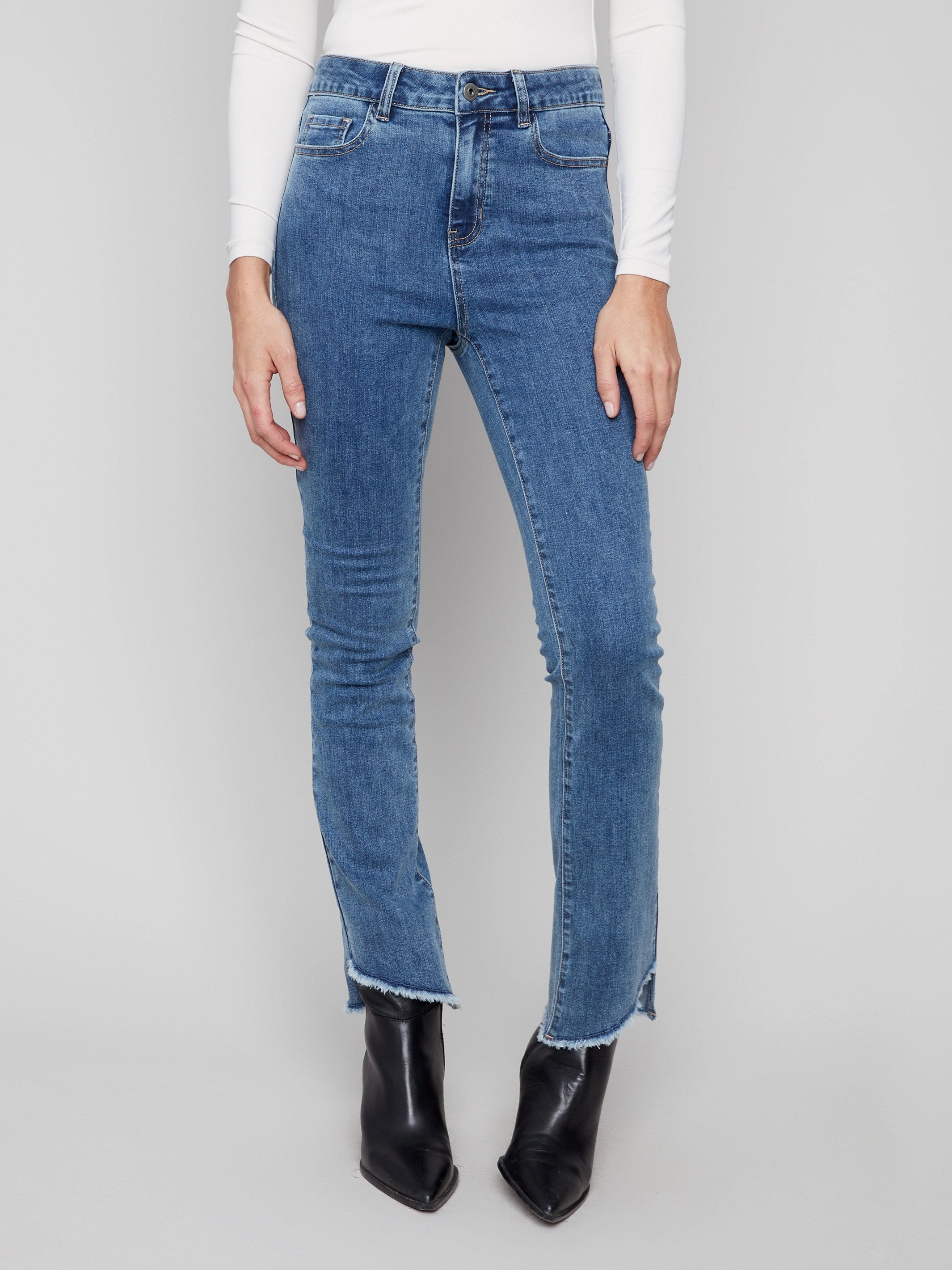 Bootcut Jeans With Asymmetrical Hem - Medium Blue Professional Wear Premium Winter Warmth Stain Release Finish