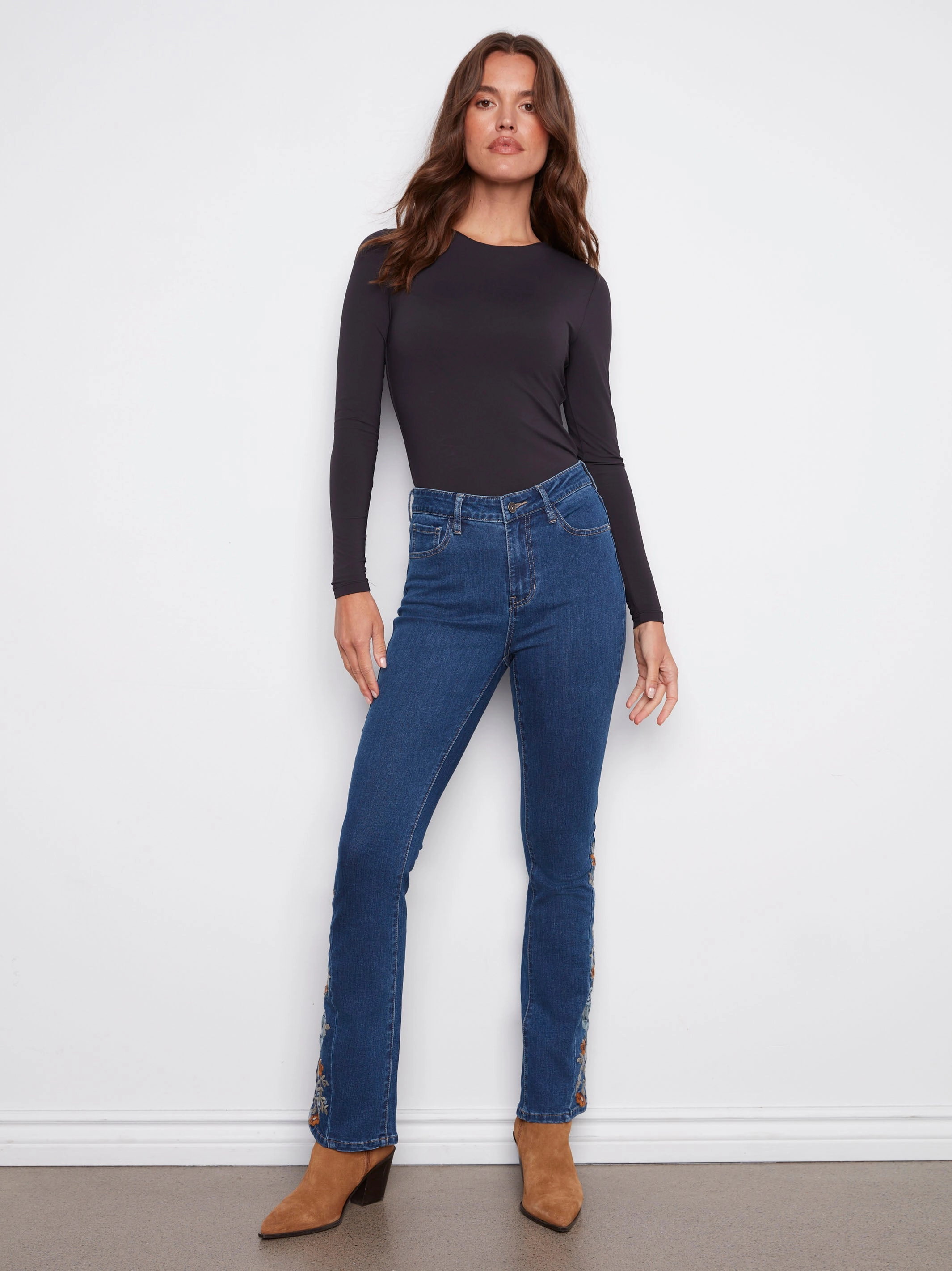 Bootcut Jeans With Floral Embroidery - Indigo Date Night Daily Wear Classic Cut