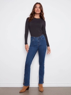Bootcut Jeans With Floral Embroidery - Indigo Date Night Daily Wear Classic Cut