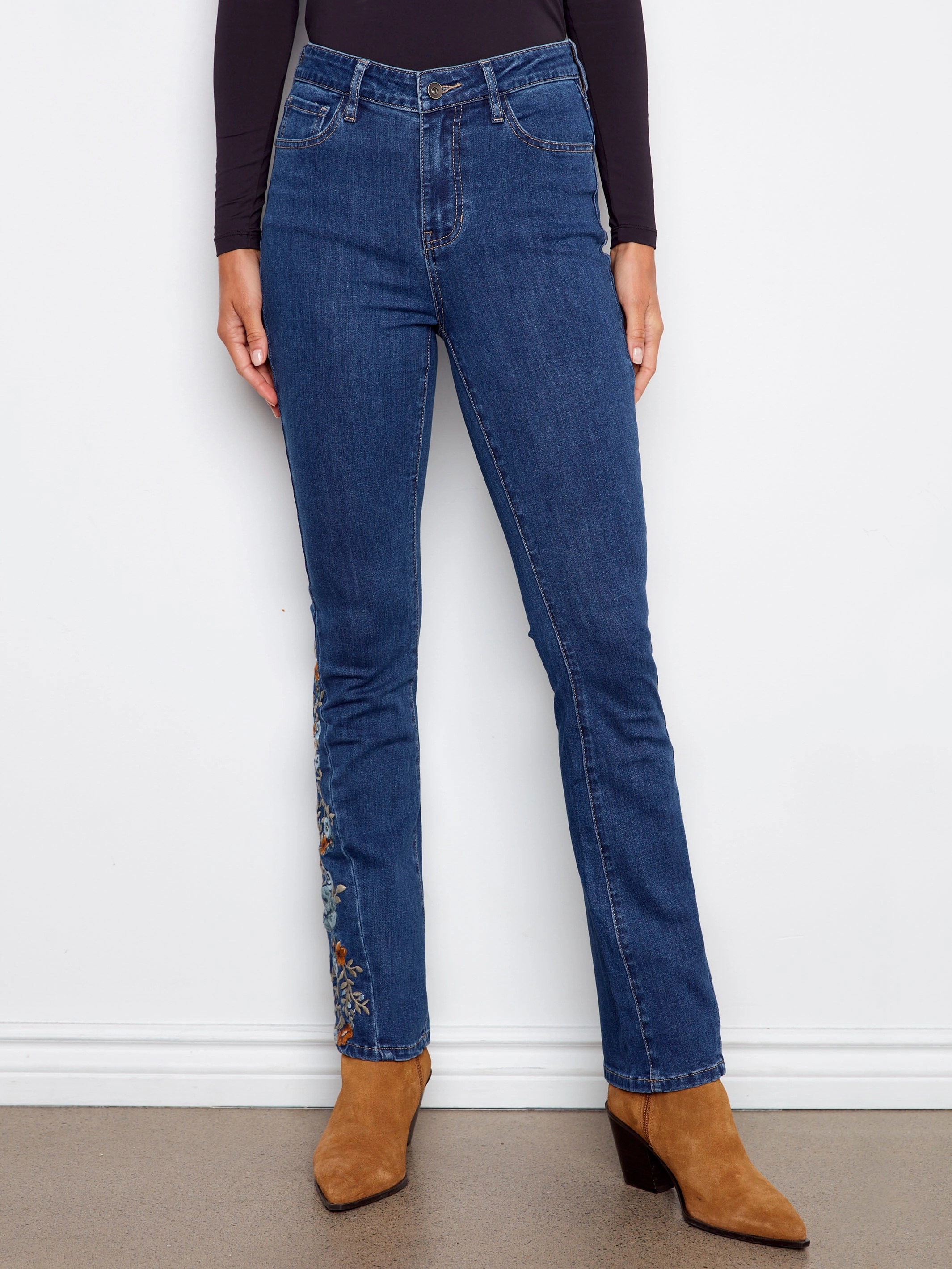 Weekend Style Textured Smart Casual Road Trip Bootcut Jeans With Floral Embroidery - Indigo