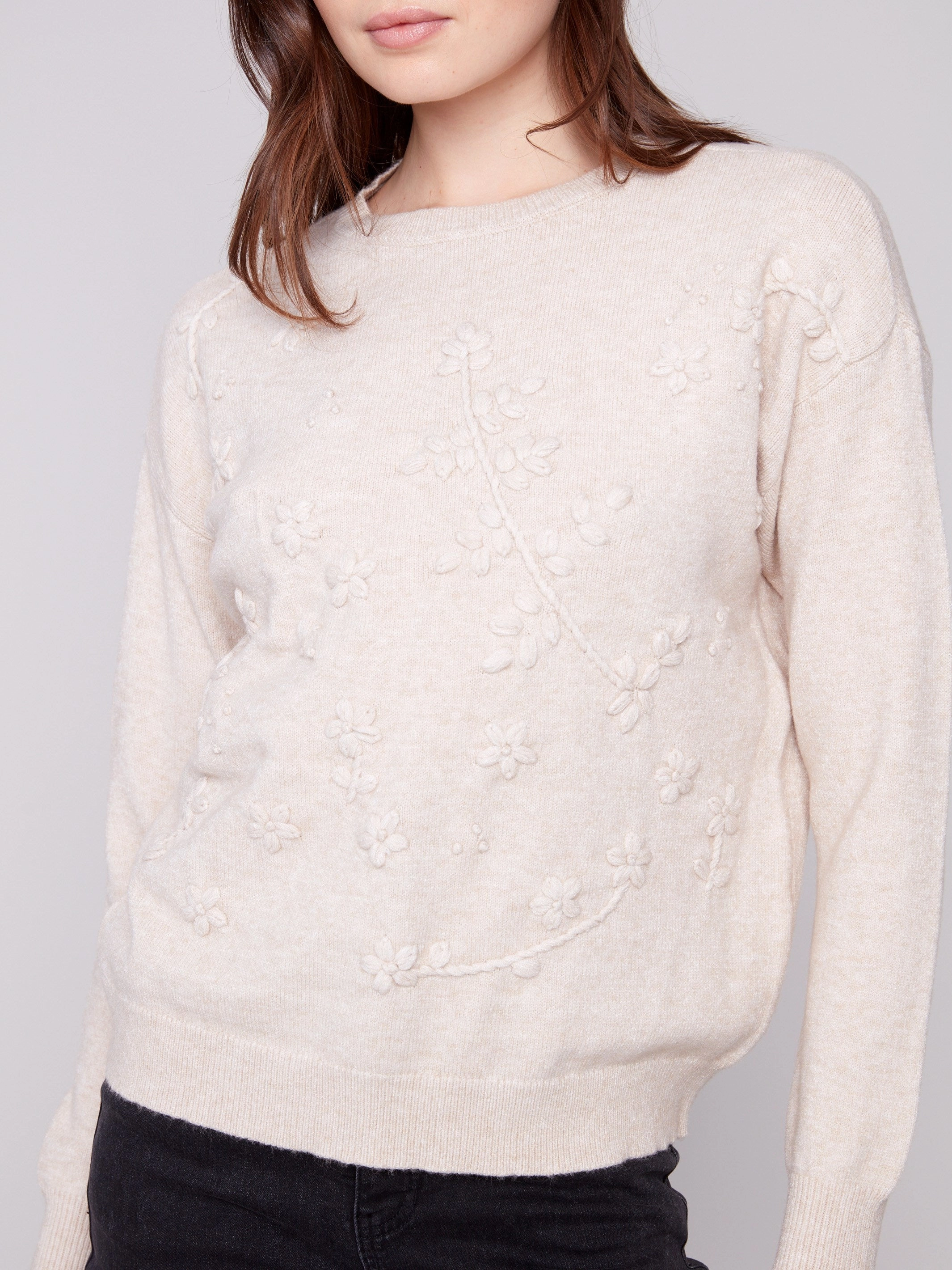 Front yard Crew Neck Sweater with Tonal Embroidery - Heather Oat