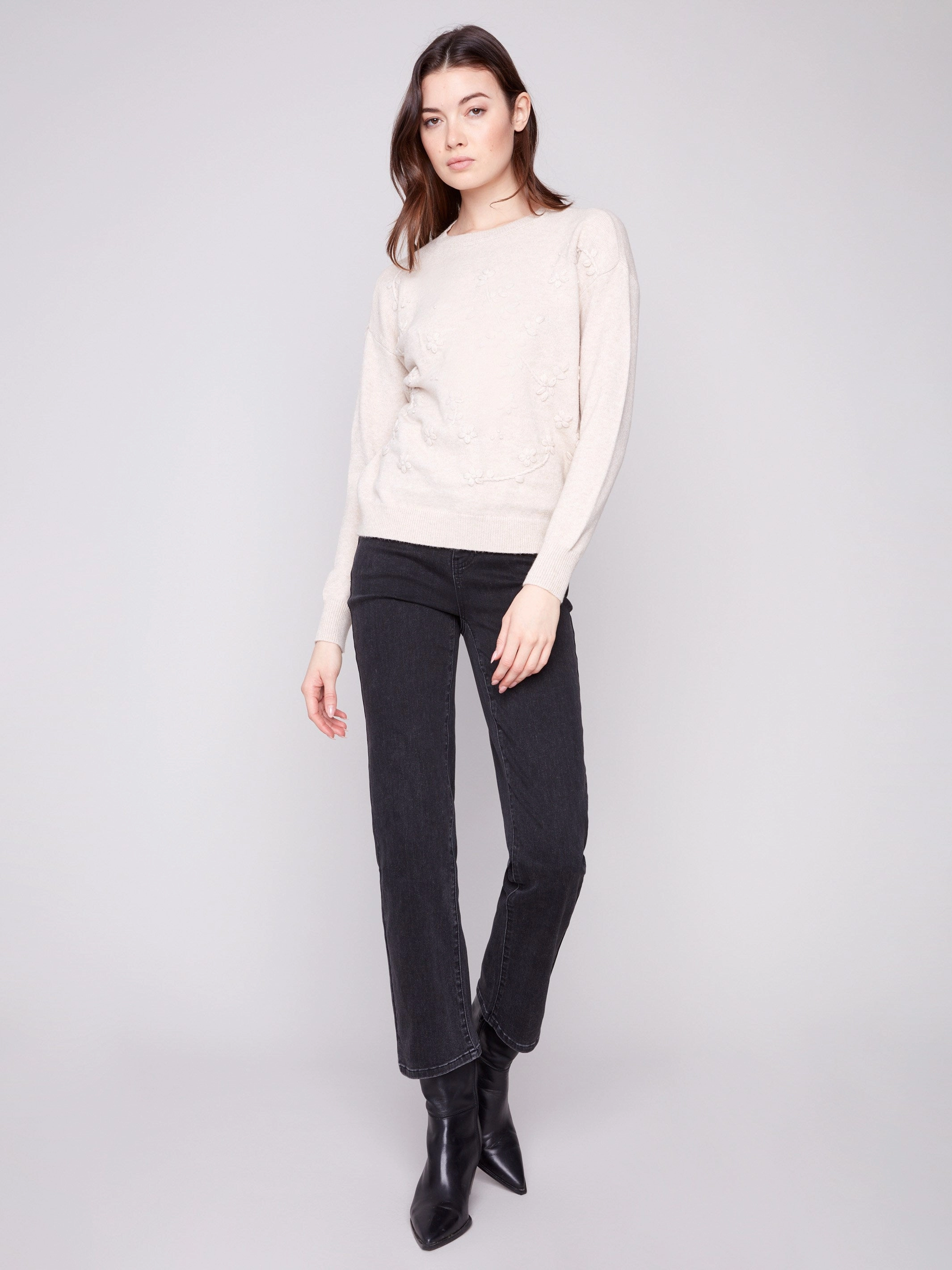 pattern Crew Neck Sweater with Tonal Embroidery - Heather Oat