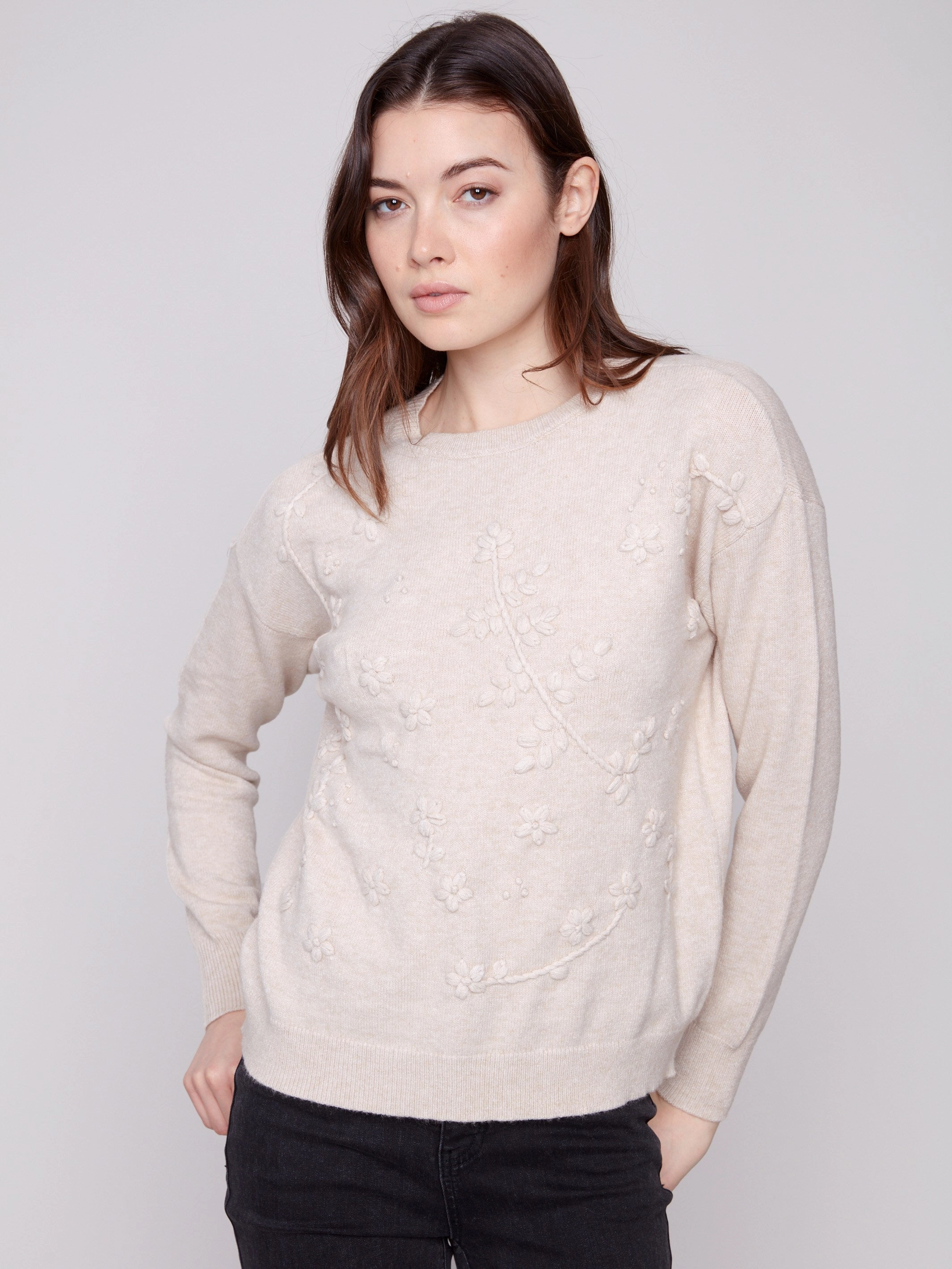 Figurine Crew Neck Sweater with Tonal Embroidery - Heather Oat