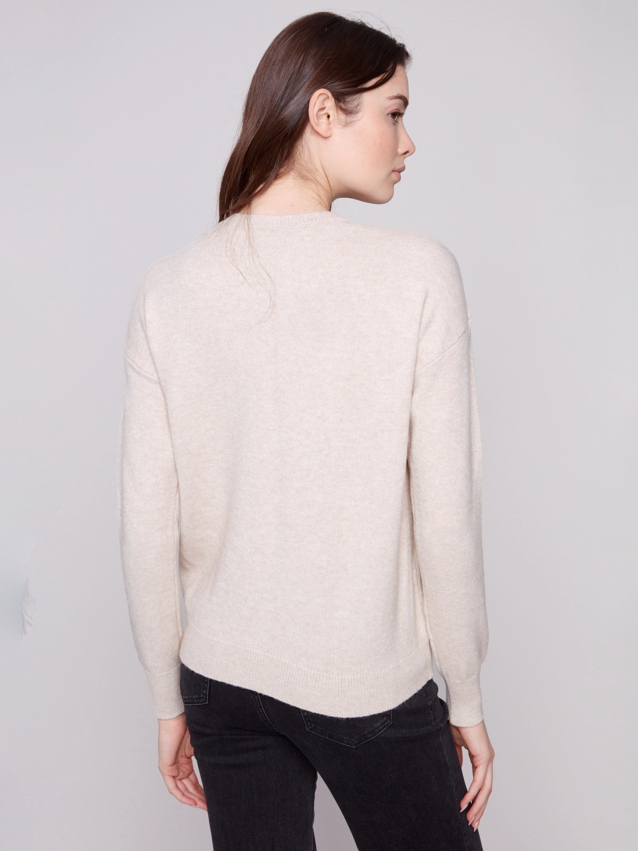Crew Neck Sweater with Tonal Embroidery - Heather Oat Name - brand Celebration