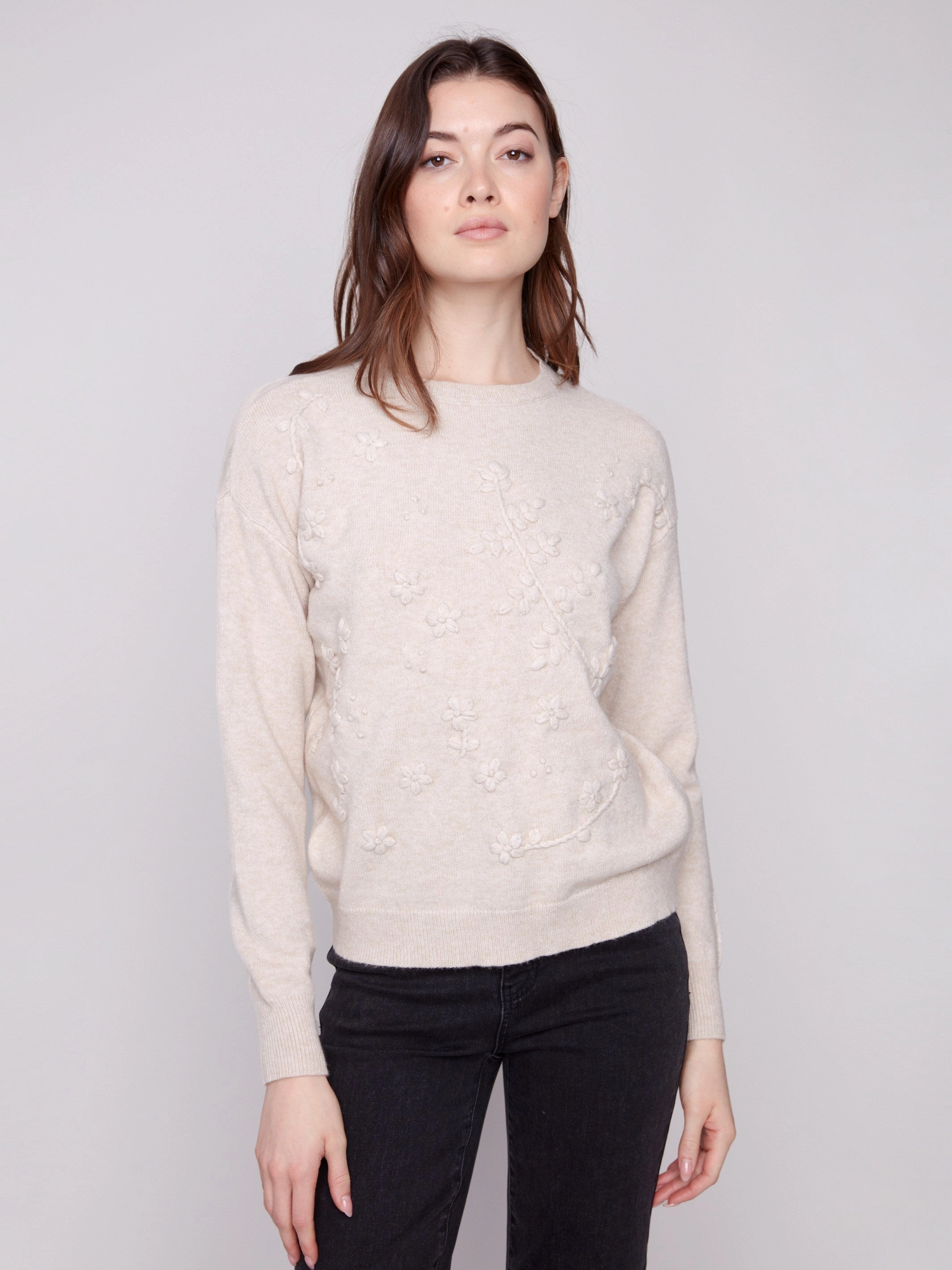 Crew Neck Sweater with Tonal Embroidery - Heather Oat Chic Hobby