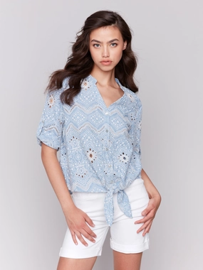 Comfort Wear Camouflage Print Eyelet Embroidery Cotton Blouse - Bluebell