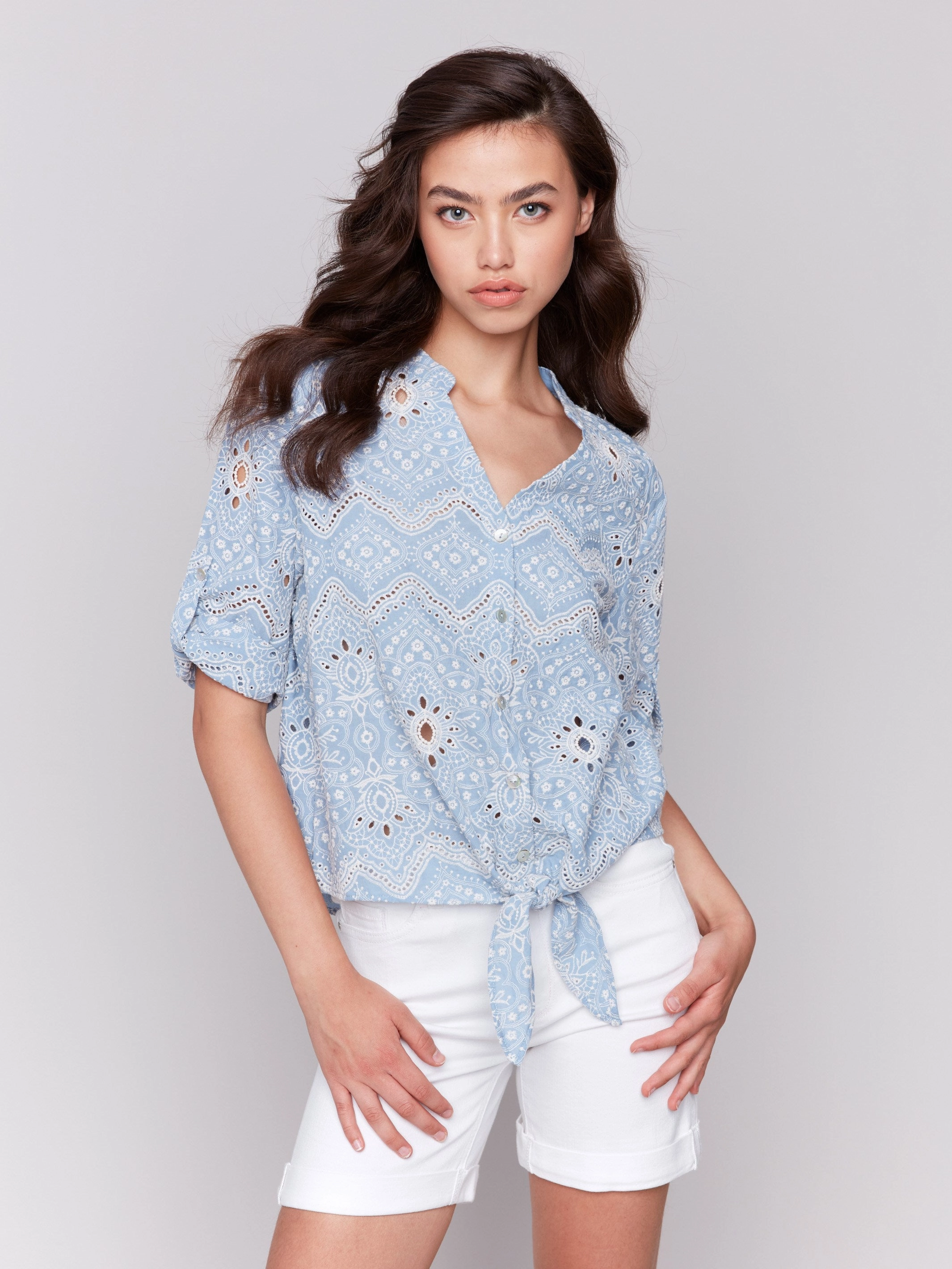 Abrasion Resistant Edging Eyelet Embroidery Cotton Blouse - Bluebell