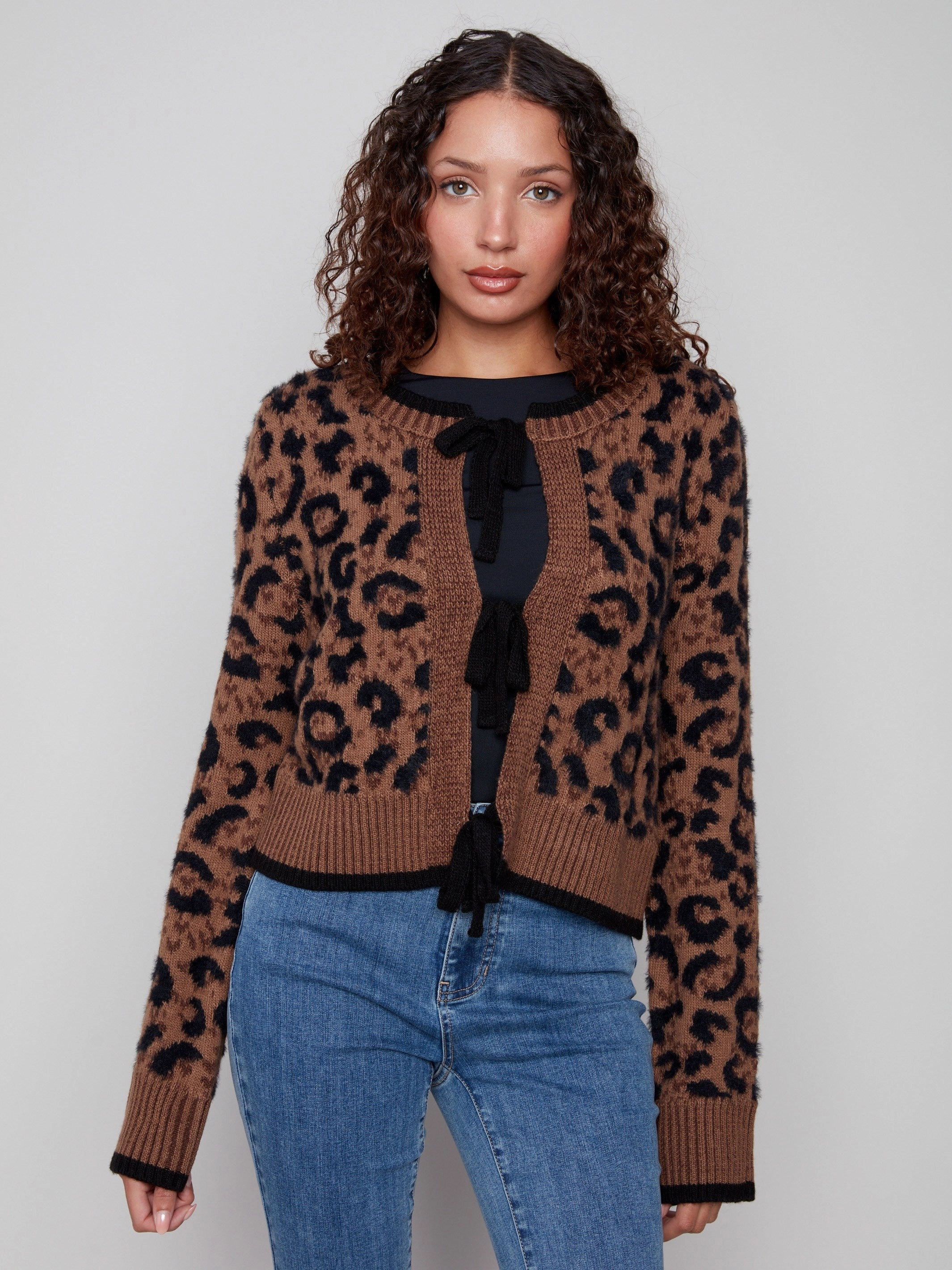 print Bow Tie Jacquard Knit Cardigan - Animal
