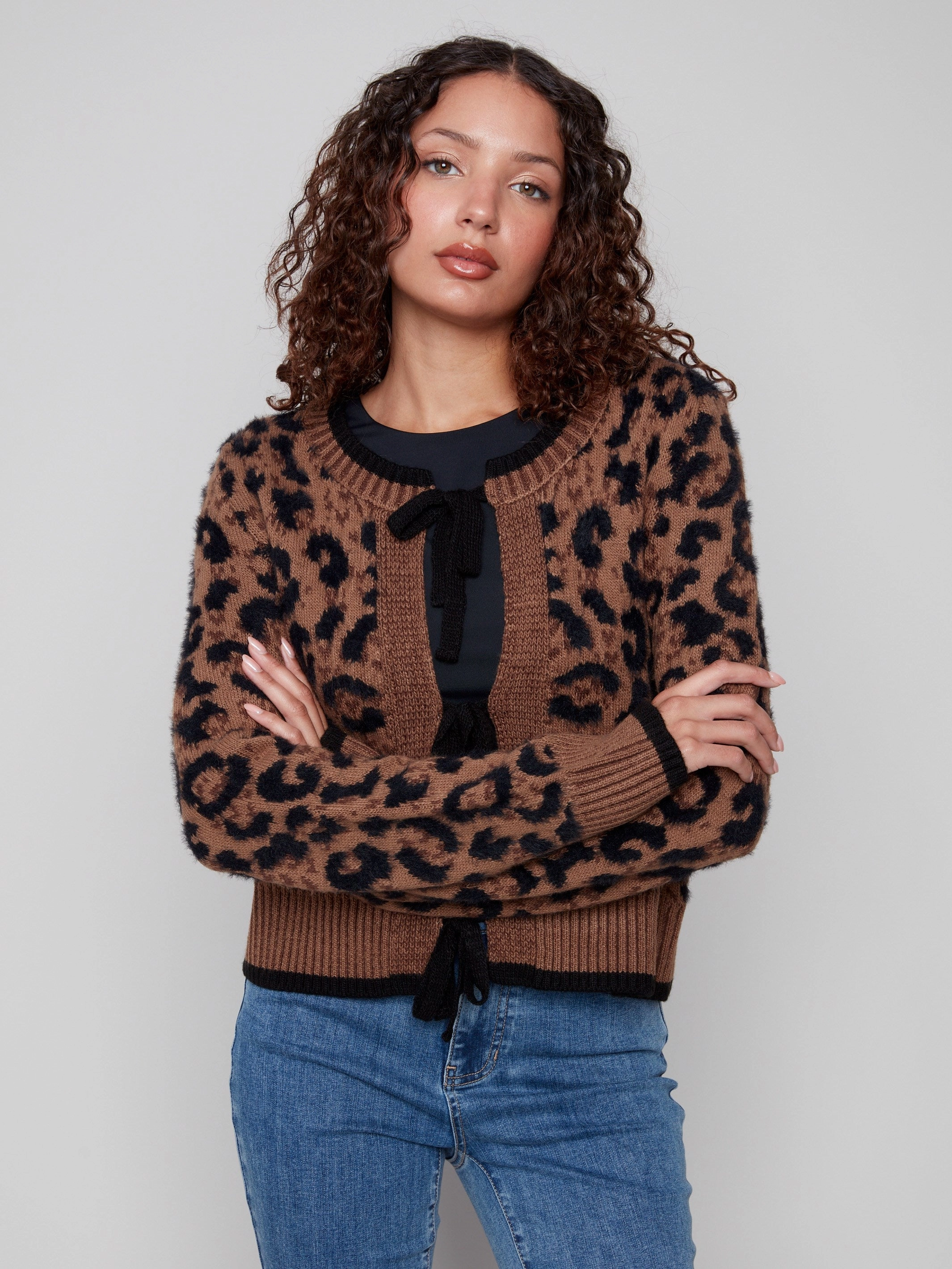 Shampoo Bow Tie Jacquard Knit Cardigan - Animal