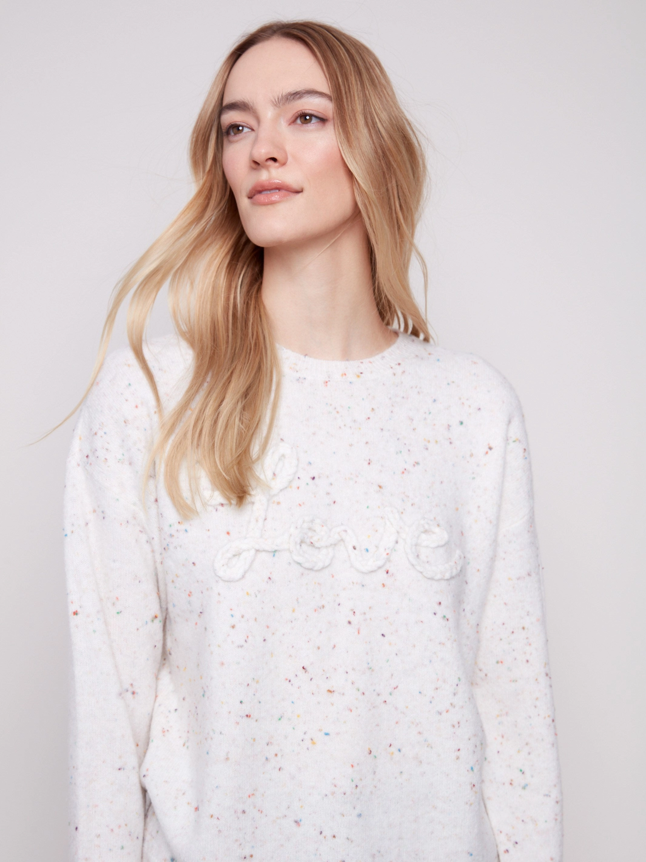 Eco - friendly Anti Pilling Technology Braided Love Crew Neck Sweater - Ecru