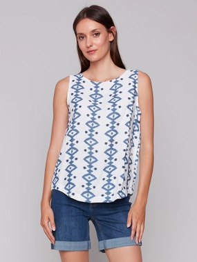 Premium Feel Contemporary Style Printed Sleeveless Top with Rounded Hem - Geo