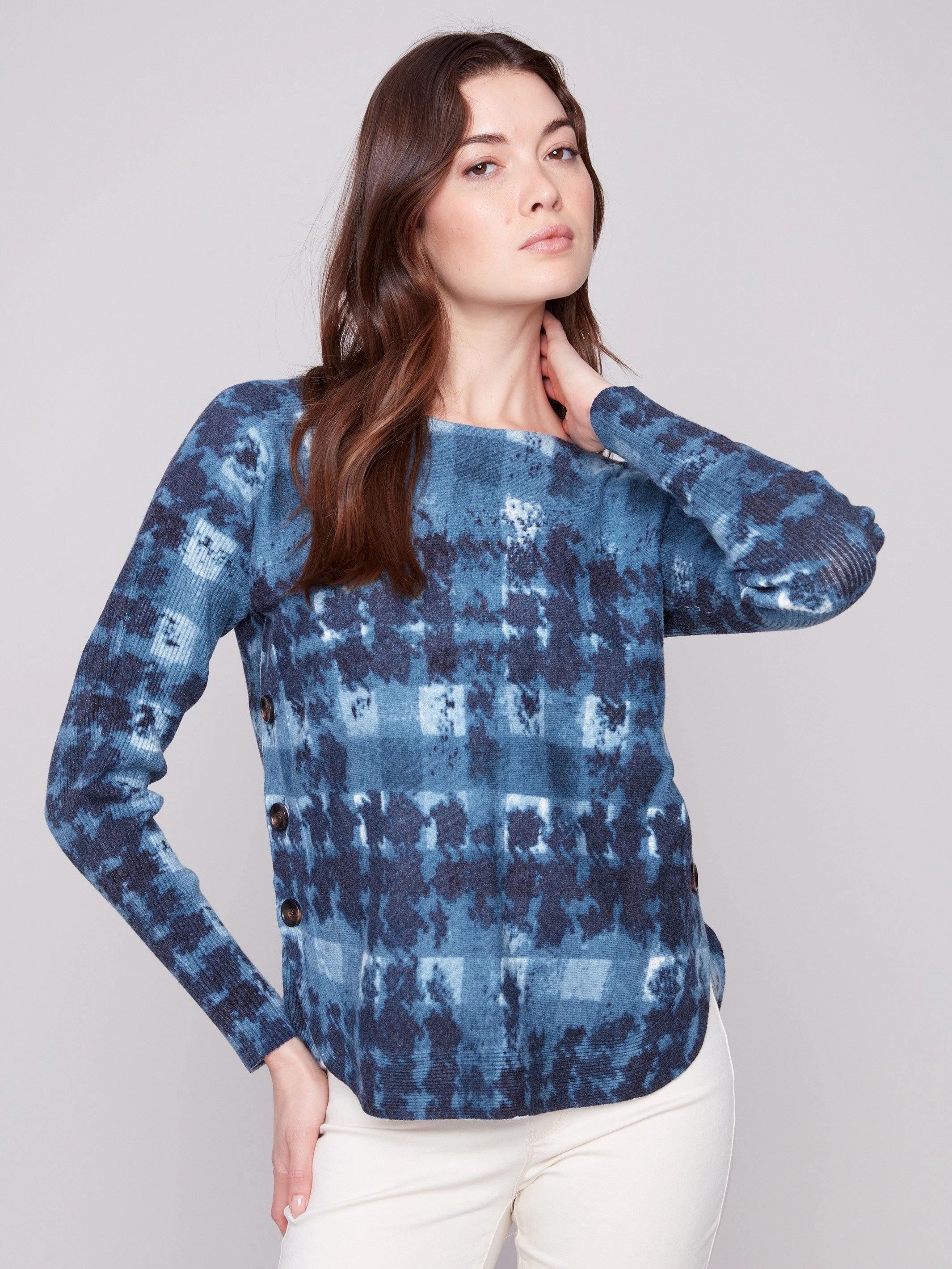 Printed Boat Neck Sweater With Side Buttons - Shadow Spring Wear