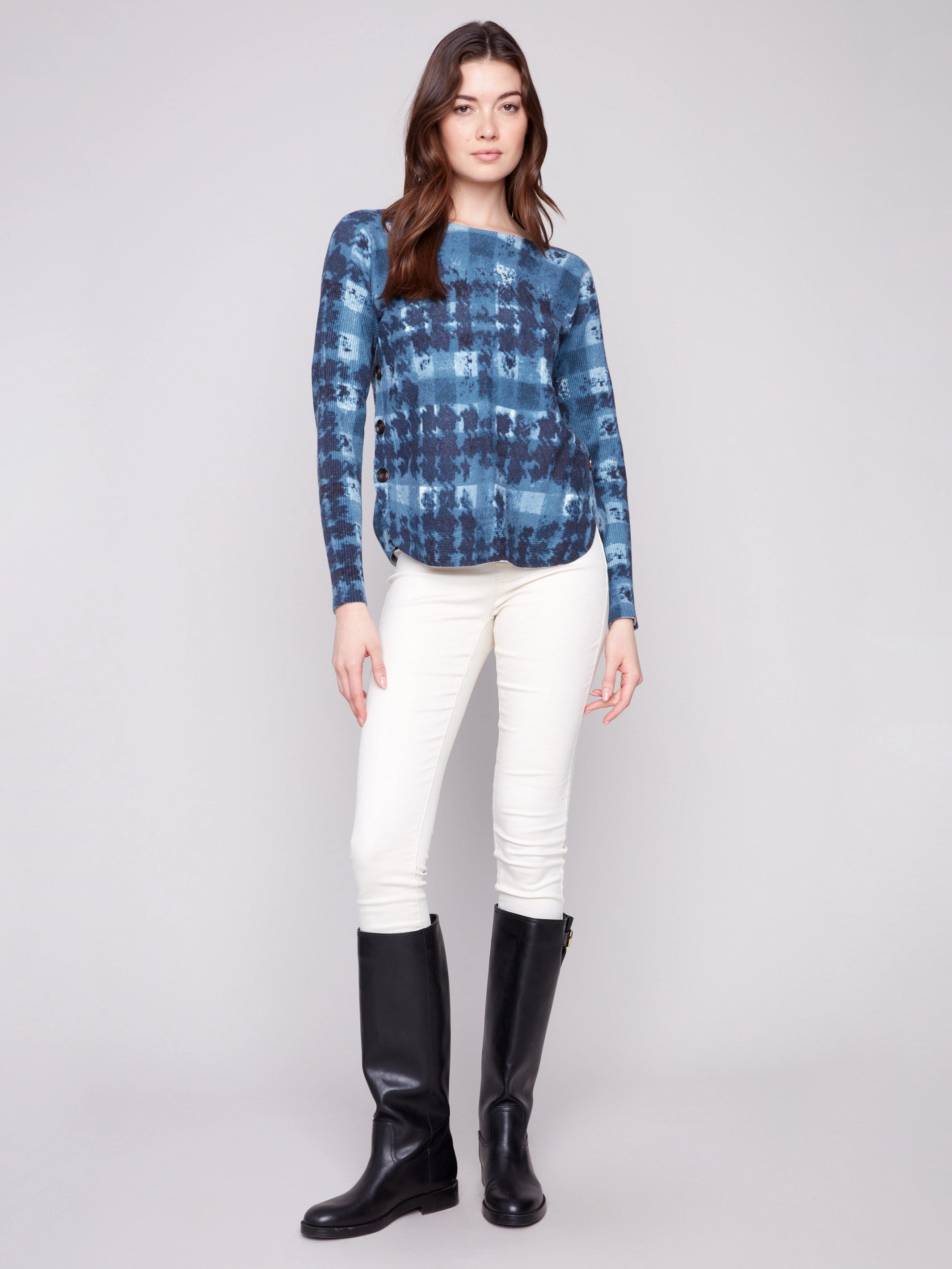 Repair Curtain Printed Boat Neck Sweater With Side Buttons - Shadow