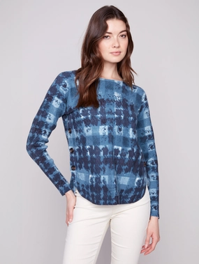 pattern Printed Boat Neck Sweater With Side Buttons - Shadow