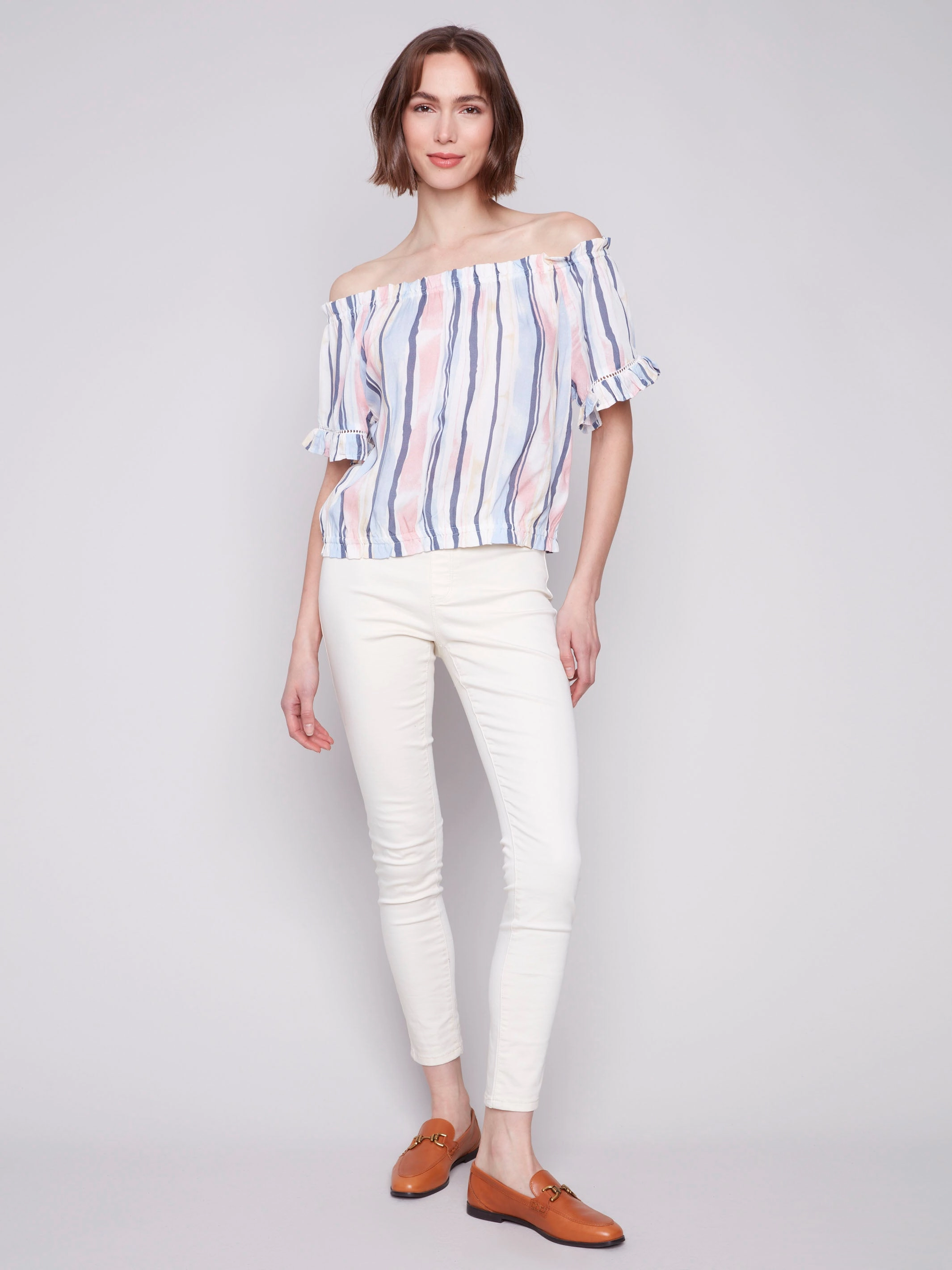 Laser Cut Edge Detail Printed Short Sleeve Peasant Blouse - Nautical