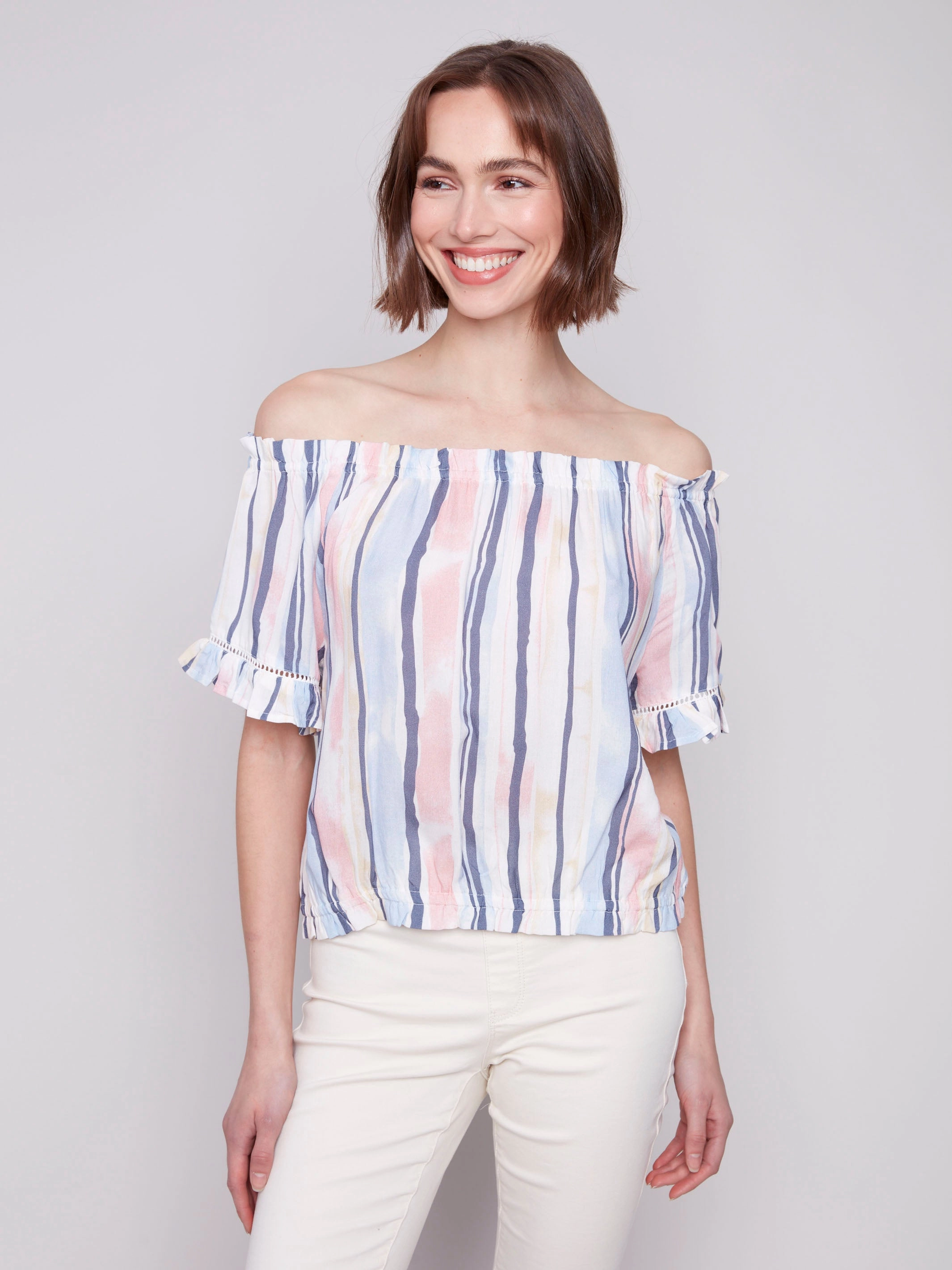 Weekend Outing Chic Ensemble Printed Short Sleeve Peasant Blouse - Nautical
