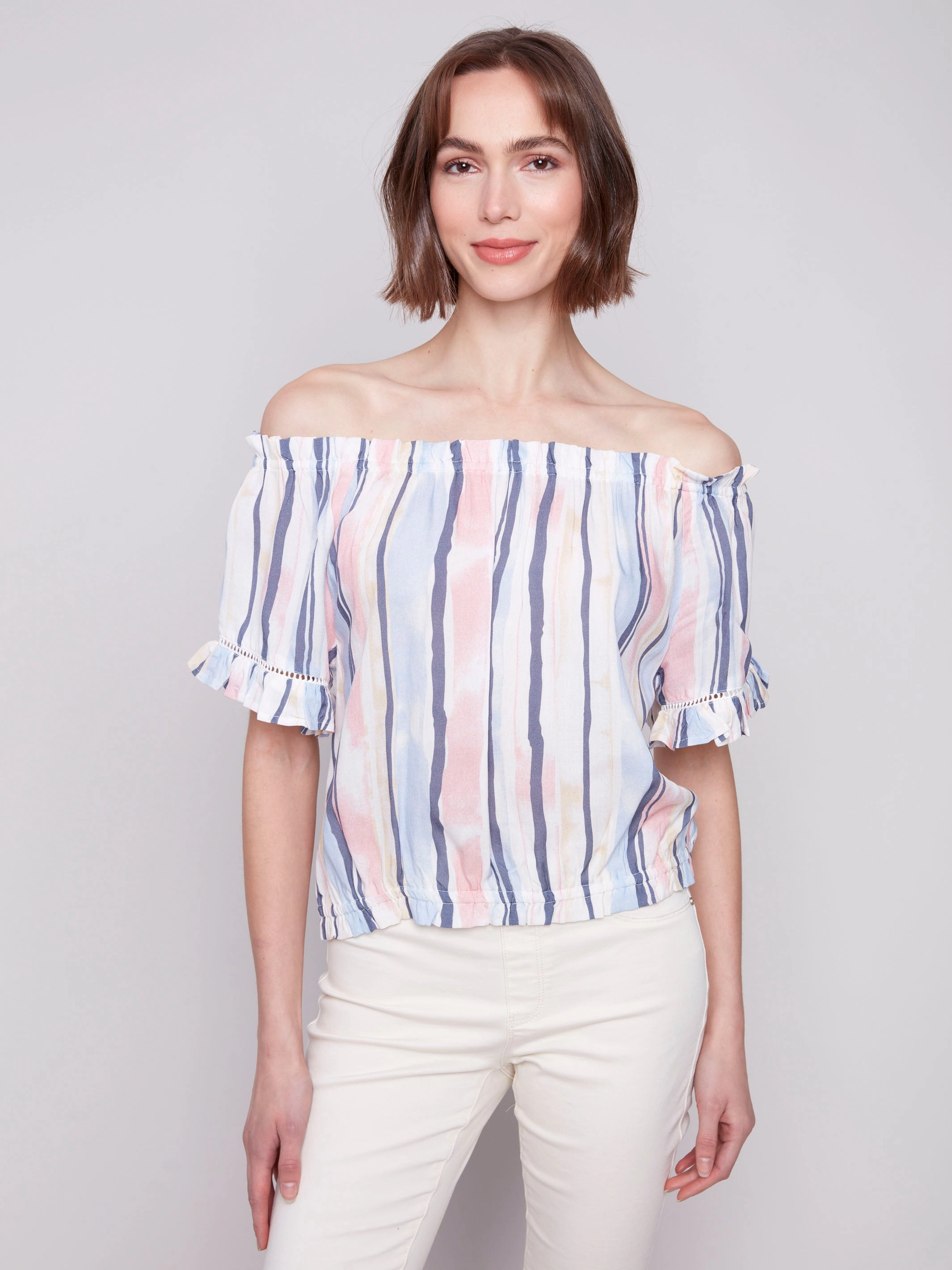 Sheer Panel Beach Ready Printed Short Sleeve Peasant Blouse - Nautical