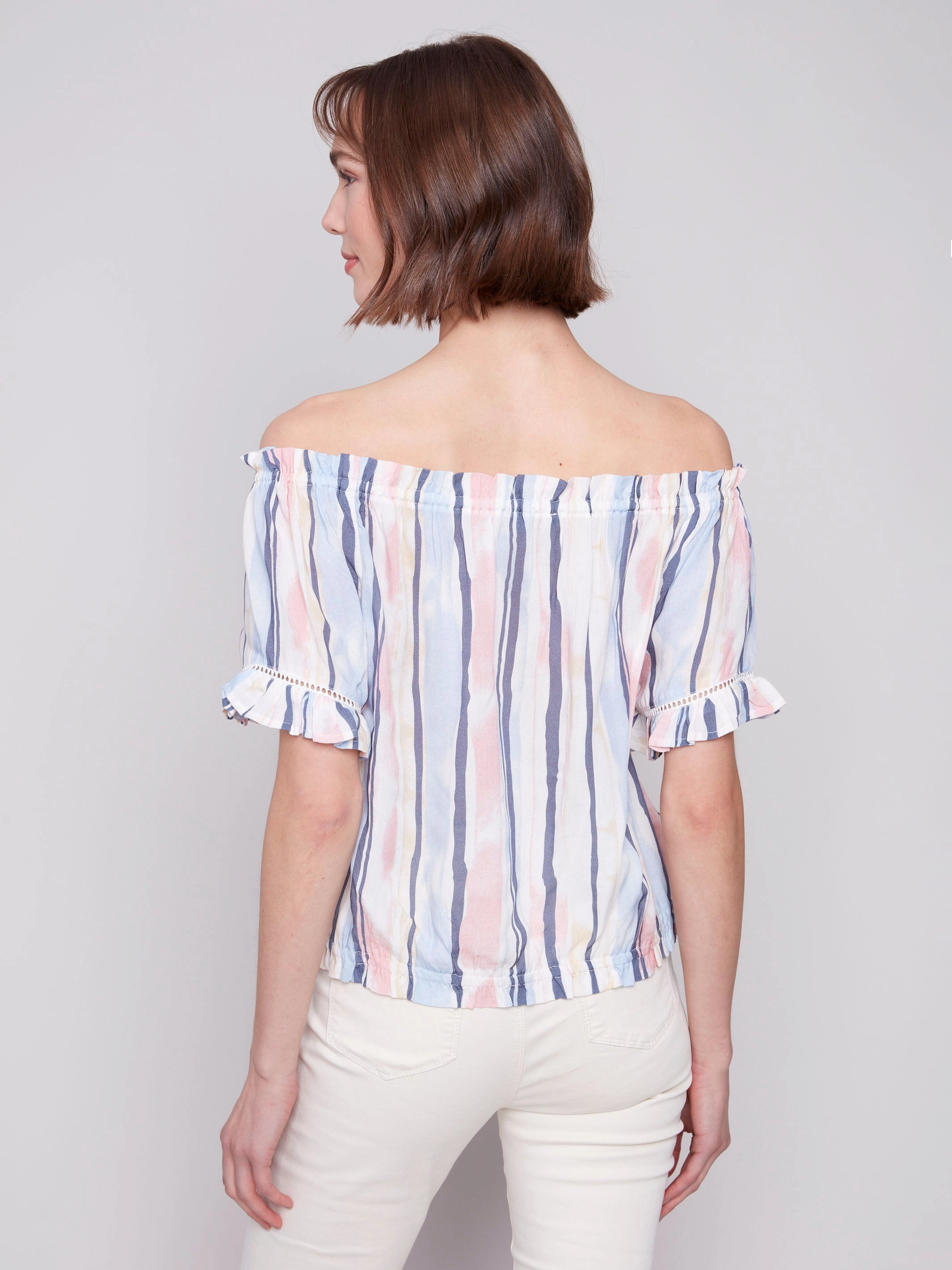 Printed Short Sleeve Peasant Blouse - Nautical Neutral Colors