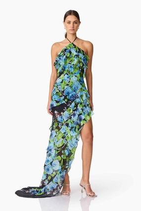 Sleek long-sleeve dress Tall-Fit Briony Asymmetrical Maxi Dress in Black & Blue Floral
