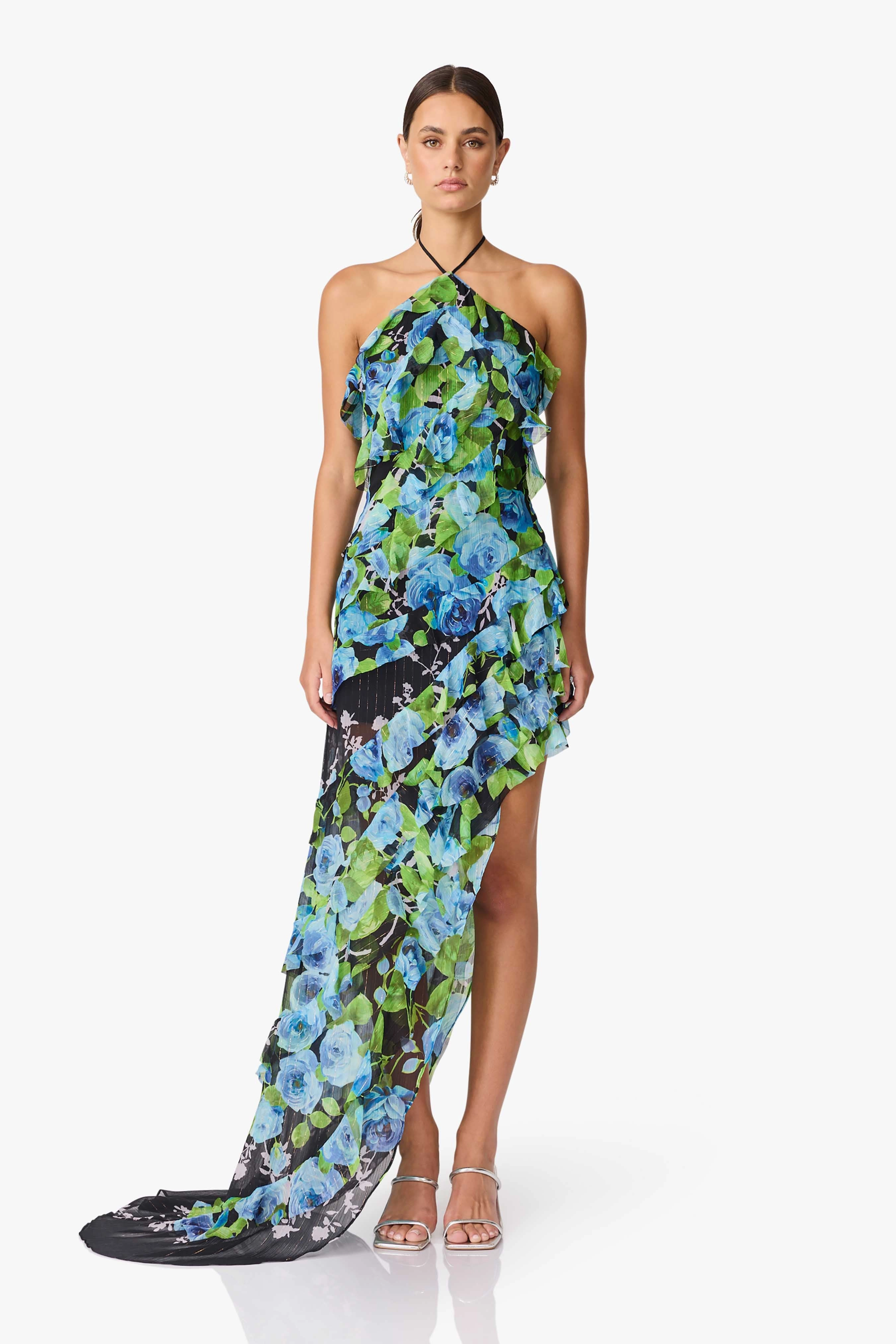 Stylish Cut Briony Asymmetrical Maxi Dress in Black & Blue Floral