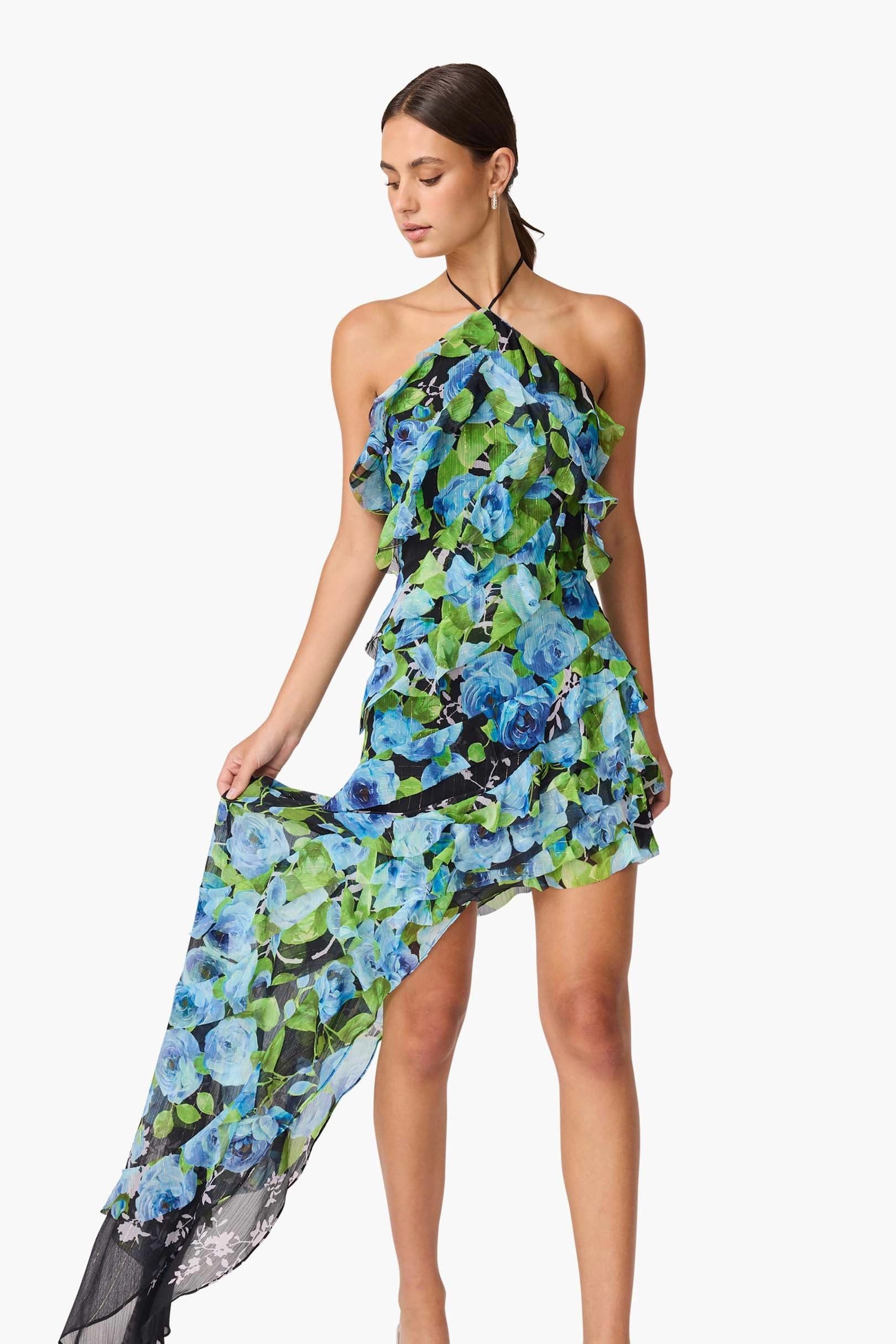 Briony Asymmetrical Maxi Dress in Black & Blue Floral Pure Tone