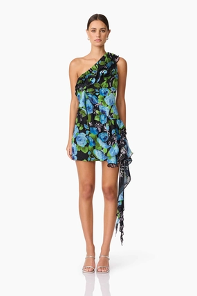 Briony Asymmetrical Mini Dress in Black & Blue Floral V Neckline Delicate Edge
