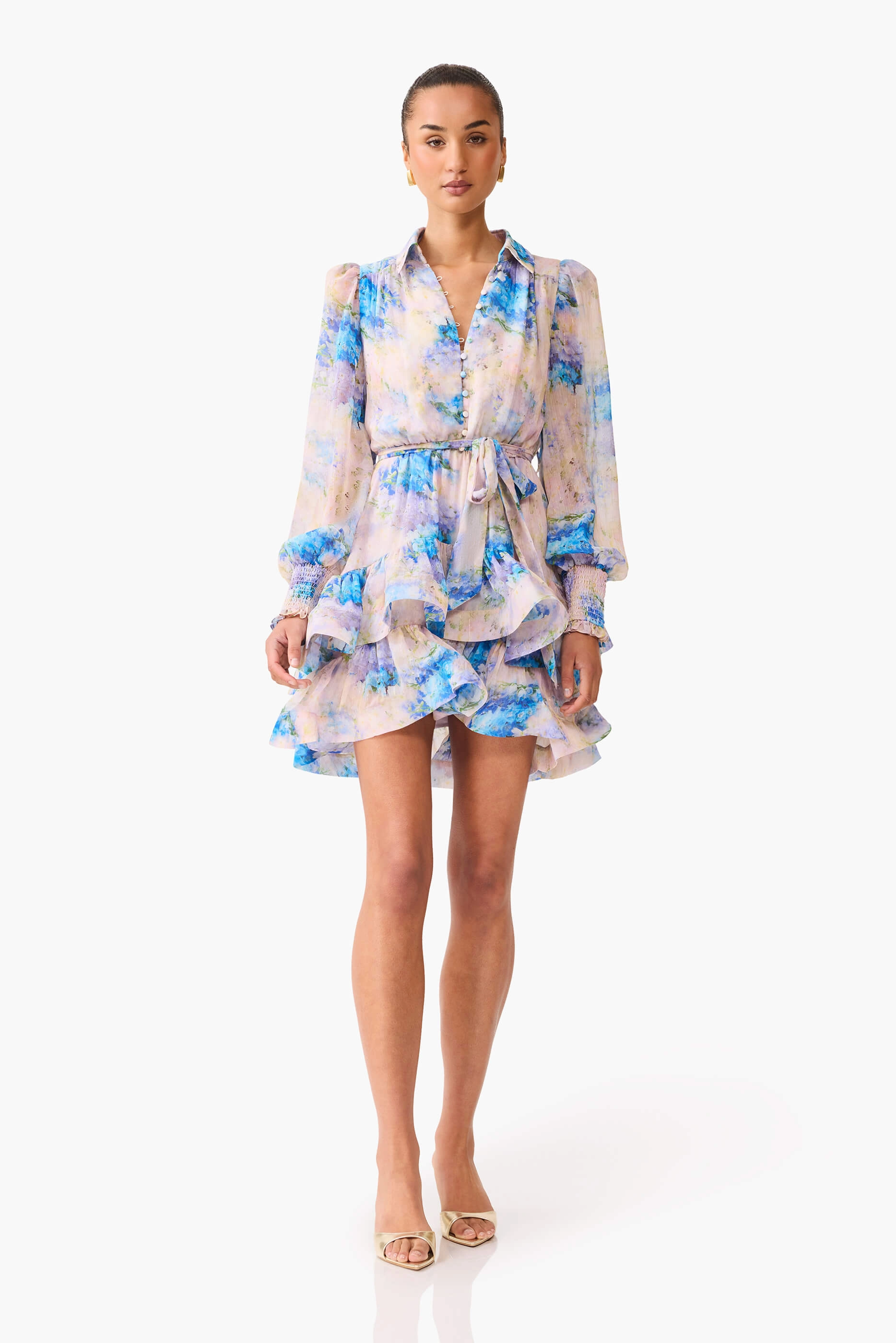Trendy Tailoring Formed Look Briony Long Sleeve Mini Dress in Pink & Blue Floral