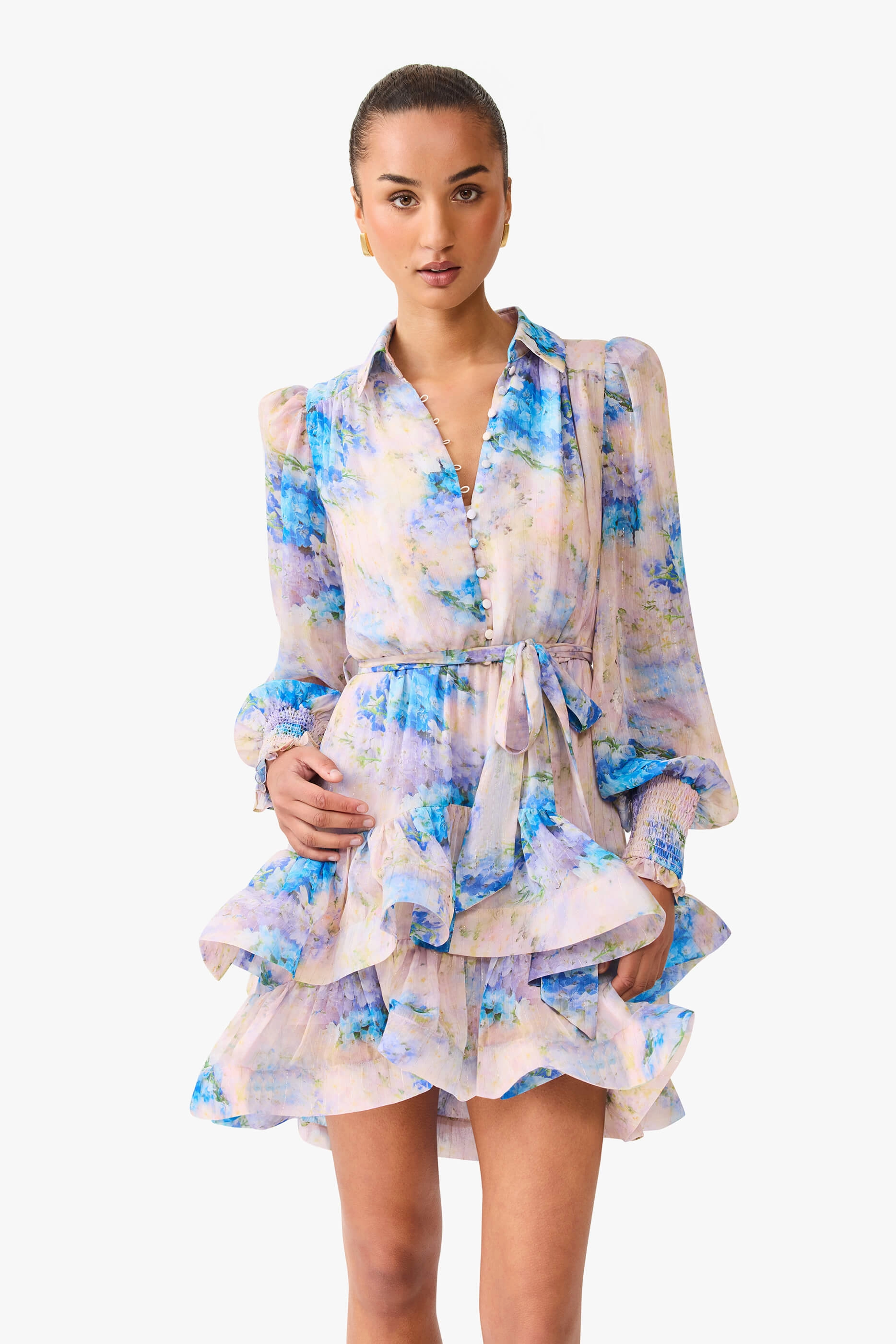Light Mood Briony Long Sleeve Mini Dress in Pink & Blue Floral