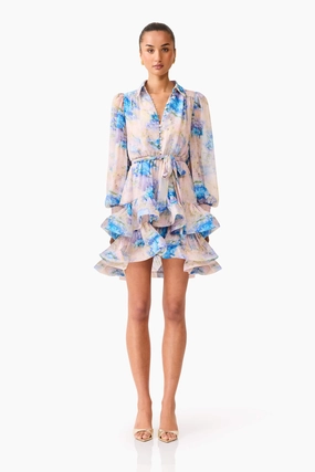 Bold Patterns Briony Long Sleeve Mini Dress in Pink & Blue Floral