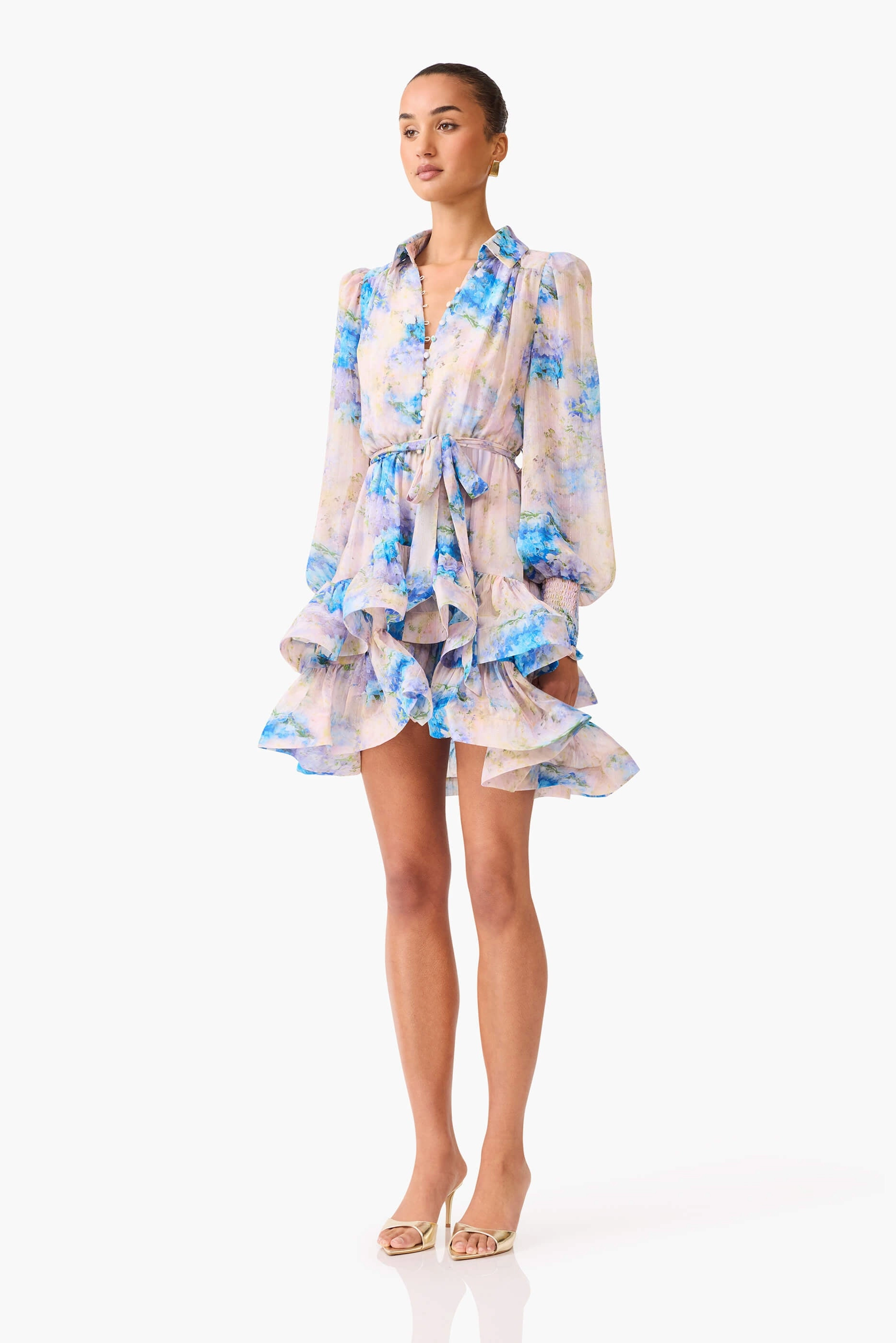 Briony Long Sleeve Mini Dress in Pink & Blue Floral Comfortable Style