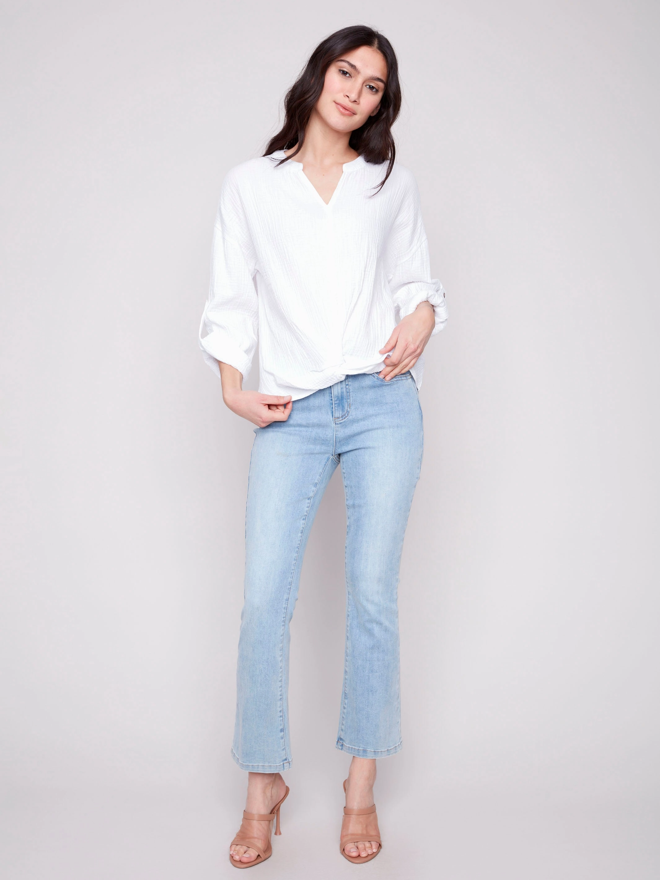 Durable Quality Bubble Cotton Blouse with Front Twist - White