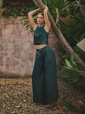 Diana Organza Applique Floral Pant Sunset Scene Open Back