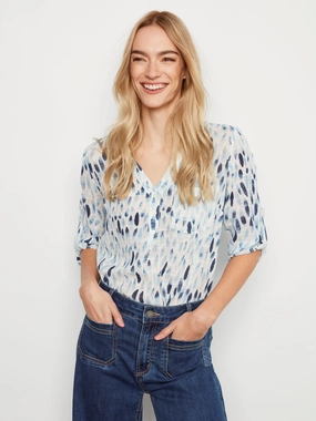 Odorless Binding Tape Creative Professional Printed Cotton Gauze Half-Button Blouse - Blue