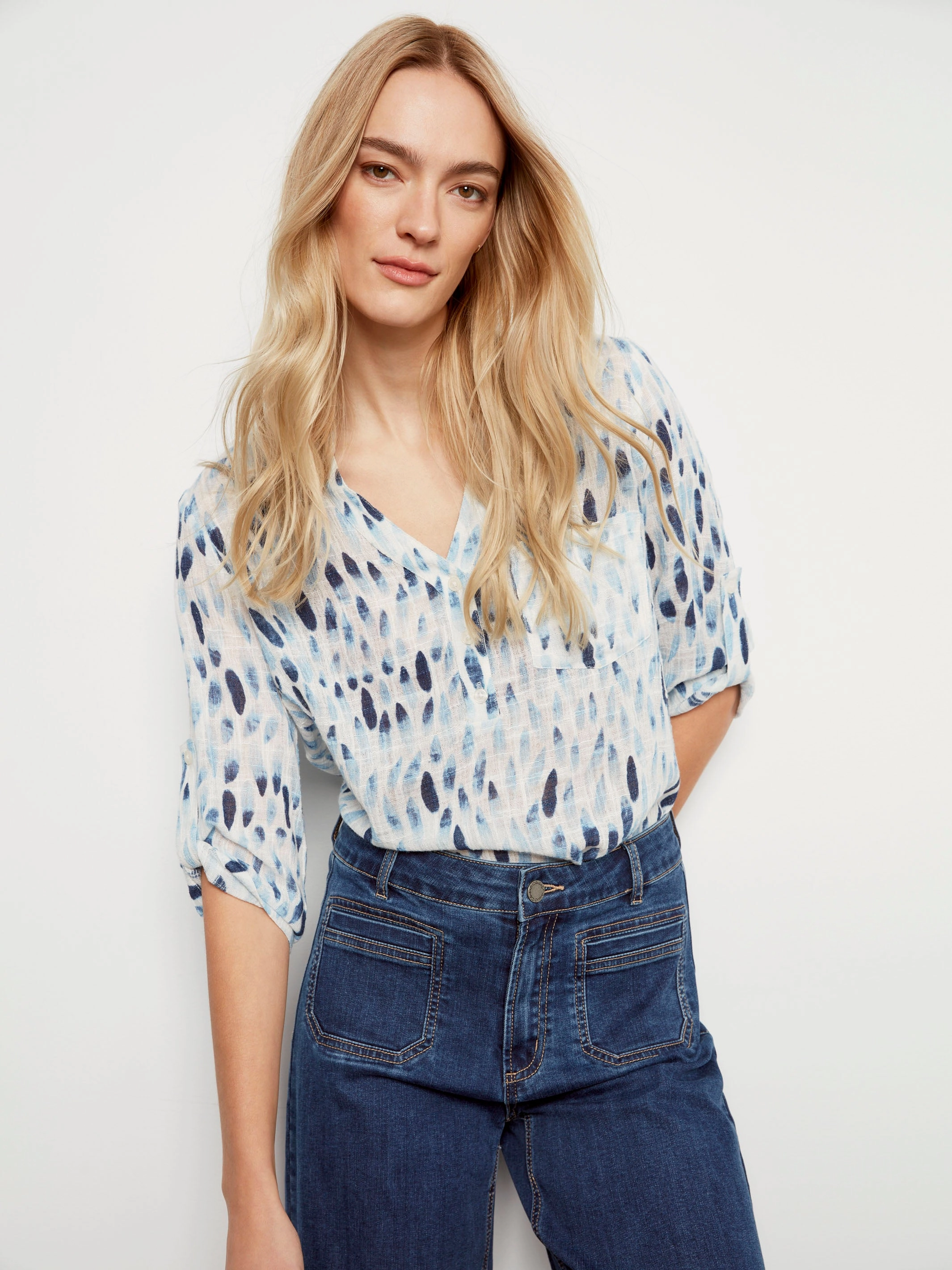 Printed Cotton Gauze Half-Button Blouse - Blue Anti Static Finish Thermoregulating Fabric