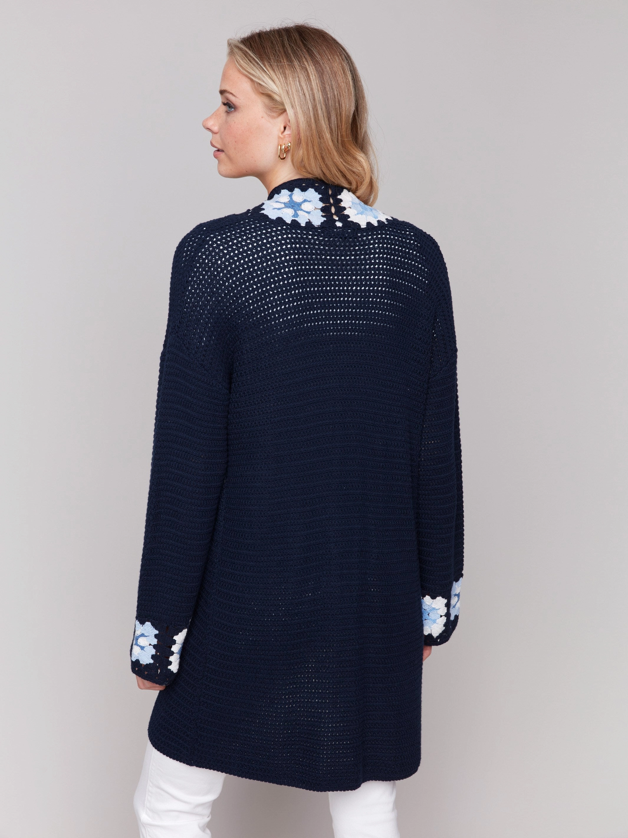 Knitwear Choice Cotton Crochet Border Cardigan - Navy