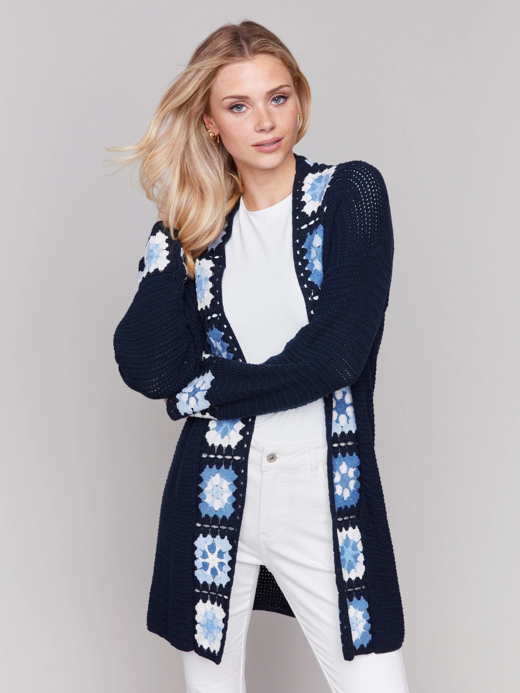 Quick Fit Cotton Crochet Border Cardigan - Navy