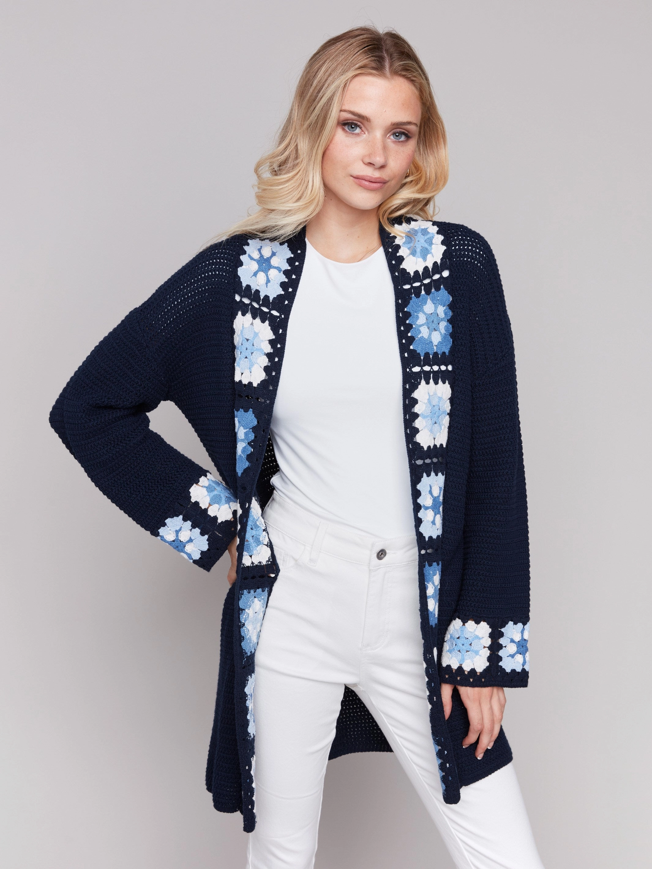 Recycled Fiber Layered Knit Cotton Crochet Border Cardigan - Navy