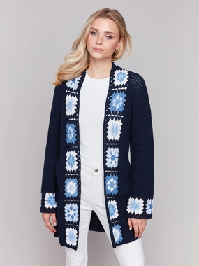 Comfort Choice Flexible Waist Cotton Crochet Border Cardigan - Navy