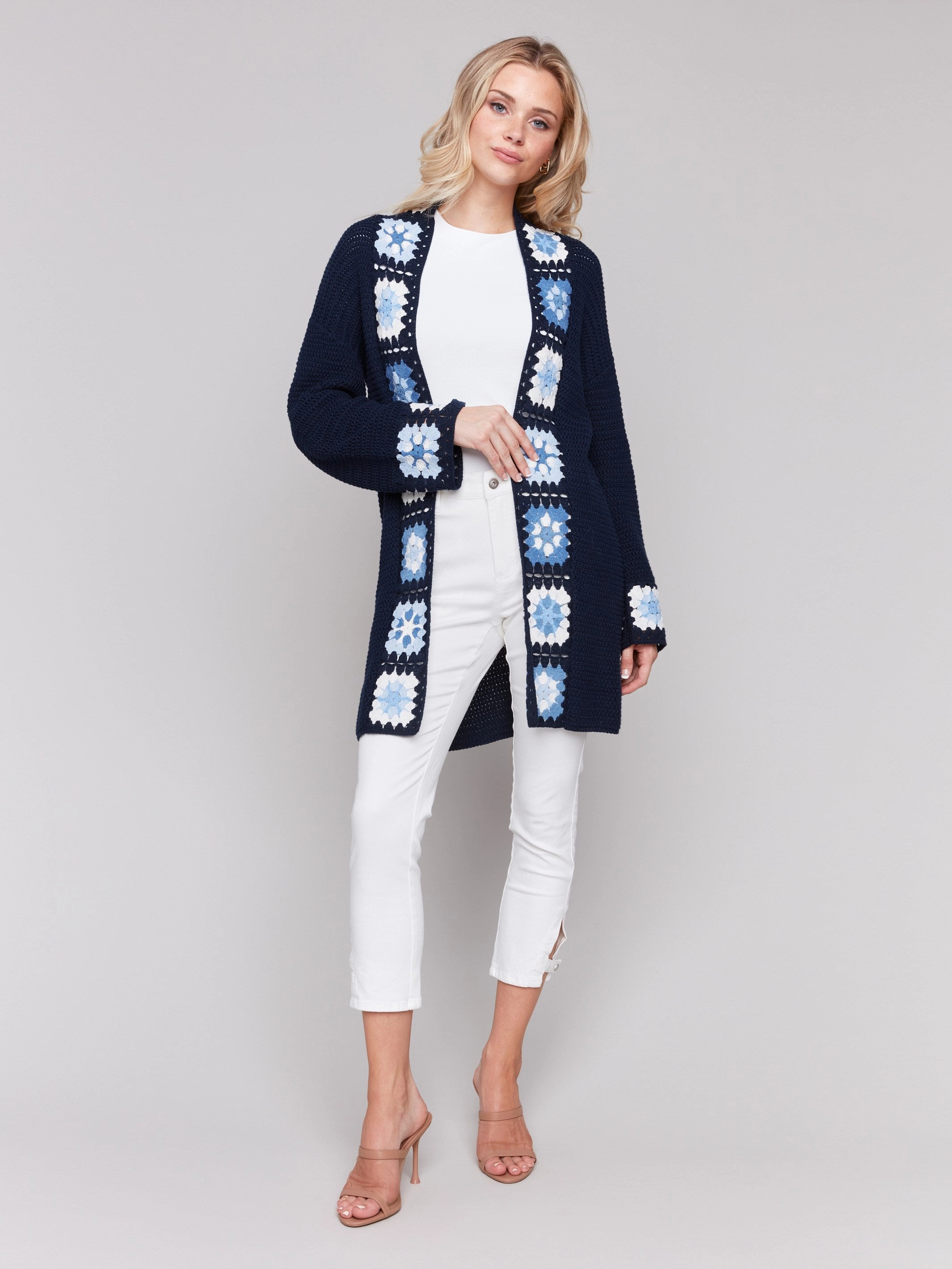 Cotton Crochet Border Cardigan - Navy Perfectly Warm