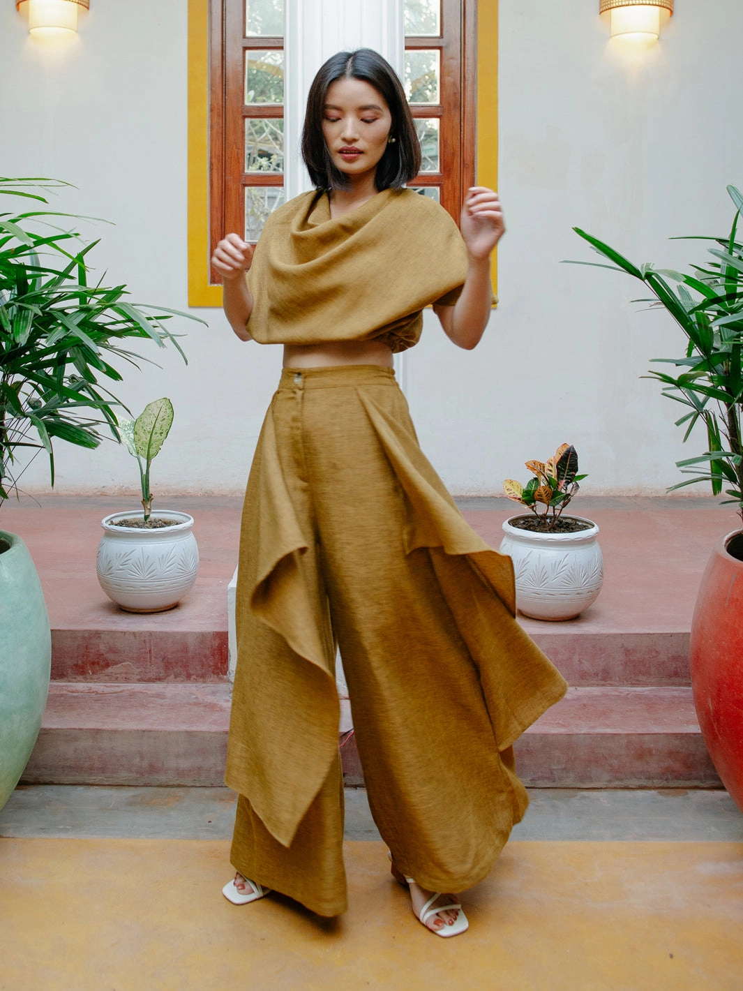 Mersin Mustard Layered Pants Luxurious Feel Flattering Look