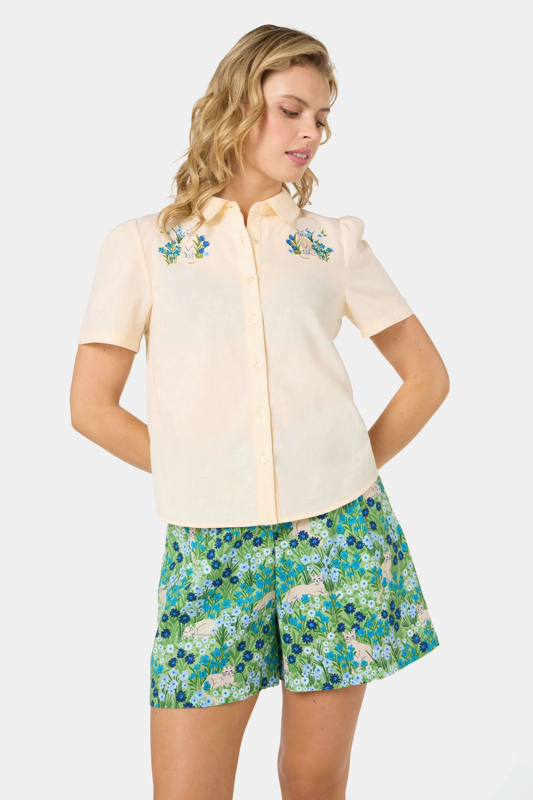 Layered Panel Construction WideNeckOpening Cat Embroidered Blouse