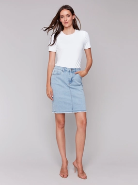 Stretch Denim Skort with Frayed Hem - Bleach Blue Non Irritating Texture Easy Vibe